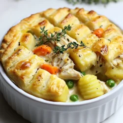 - 1 lb cooked chicken, shredded - 2 cups potato gnocchi, pre-cooked - 1 cup carrots, diced - 1 cup peas - 1 cup celery, diced - 1 small onion, finely chopped - 3 cups chicken broth - 1 cup heavy cream - 2 tablespoons olive oil - 2 tablespoons all-purpose flour - 1 teaspoon dried thyme - 1 teaspoon garlic powder - Salt and pepper to taste - 1 sheet puff pastry or 1 can of biscuit dough for topping This dish brings comfort to any table. The blend of chicken and gnocchi will warm your heart. Each ingredient plays a key role in creating rich flavors. First, we start with cooked chicken. You can use rotisserie chicken for ease. Shredding it will make it mix well with other ingredients. Next, we have potato gnocchi. It adds a soft texture that everyone loves. For veggies, diced carrots, peas, and celery are perfect. They add color and crunch. A finely chopped onion will give a sweet base flavor. Chicken broth is essential. It ties all the flavors together. Heavy cream adds richness, making the filling creamy and dreamy. The olive oil and flour create a nice roux. This thickens the filling and enhances the taste. Herbs like dried thyme and garlic powder bring depth. Salt and pepper will help balance the flavors. Lastly, the puff pastry or biscuit dough is the crown on this dish. It will bake up golden and flaky. Gather these ingredients. You'll soon create a dish that feels like a warm hug! {{ingredient_image_2}} 1. Preheating the Oven Start by preheating your oven to 400&deg;F (200&deg;C). This will ensure the pot pie bakes evenly. 2. Saut&eacute;ing the Vegetables In a large skillet, pour in 2 tablespoons of olive oil over medium heat. Add 1 small chopped onion, 1 cup of diced celery, and 1 cup of diced carrots. Saut&eacute; the mix for about 5 to 7 minutes. Stir often until the veggies soften and smell great. 3. Creating the Sauce Once the veggies are tender, sprinkle 2 tablespoons of all-purpose flour over them. Stir well and cook for another 1 to 2 minutes. This helps remove the raw flour taste. Gradually add 3 cups of low-sodium chicken broth while stirring. Increase the heat and bring it to a gentle simmer. Let it thicken for about 5 minutes, stirring now and then. 1. Incorporating Chicken and Gnocchi Stir in 1 pound of shredded cooked chicken, 2 cups of pre-cooked potato gnocchi, 1 cup of peas, and 1 cup of heavy cream. Add 1 teaspoon each of dried thyme and garlic powder. Season with salt and pepper to taste. Mix everything until it's all heated through. 2. Transferring to Baking Dish Carefully pour the chicken and gnocchi mix into a greased oven-safe pie dish. Spread it out evenly, making sure it fills the dish well. 3. Topping with Pastry Roll out a sheet of puff pastry or biscuit dough. Place it over the top of the filling. Tuck the edges under the dish to seal it. Cut a few slits in the top for steam to escape while baking. 1. Setting the Oven Temperature You already set the oven to 400&deg;F (200&deg;C) earlier. Now, it&rsquo;s time to bake! 2. Baking Time and Texture Place the dish in the oven and bake for 25 to 30 minutes. Look for a golden brown and flaky crust. You want it to bubble with deliciousness underneath. 3. Cooling Before Serving After baking, remove the pot pie from the oven. Let it cool for a few minutes before serving. This helps the filling set and makes it easier to slice. Enjoy your warm, comforting meal! Choosing the Best Chicken Pick cooked chicken that is juicy and tender. Rotisserie chicken works great. It saves time and brings in flavor. If you have leftover chicken, use that too. The more flavor, the better your pot pie will taste. Enhanced Seasoning Suggestions Season your filling well. Use salt and pepper to taste. Add dried thyme for an earthy note. Garlic powder gives it a nice punch. For extra flavor, try adding a splash of lemon juice or a sprinkle of onion powder. Experiment with spices you love. Adjusting Consistency with Cream Heavy cream makes your filling rich and creamy. If it feels too thick, add a bit of broth. If it&rsquo;s too thin, let it simmer longer. This helps thicken the sauce. Adjust the cream to get the texture you want. How to Store Gnocchi Store uncooked gnocchi in the fridge for a few days. For longer storage, freeze them. Spread them on a baking sheet so they don&rsquo;t stick, then transfer to a bag. Cook frozen gnocchi straight from the freezer. Substituting Different Vegetables Feel free to swap out veggies. Zucchini, corn, or bell peppers can add fun flavors. Use what you like or what you have. Just remember to chop them small for even cooking. Tips for Leftover Chicken Use leftover chicken in salads or sandwiches. You can also toss it in soups or stir-fries. Shredded chicken works well in many recipes. Don&rsquo;t let it go to waste! Pro Tips Use Leftover Chicken: This recipe is a great way to use up any leftover roasted or rotisserie chicken, which adds flavor and saves time. Make It Vegetarian: Substitute the chicken with mushrooms or a mix of your favorite vegetables for a hearty vegetarian version. Choose Your Gnocchi: You can use store-bought gnocchi or make your own from scratch for a more personalized touch. Customize the Vegetables: Feel free to add or swap in any vegetables you like, such as corn, green beans, or bell peppers, to suit your taste. {{image_4}} You can easily switch the chicken for turkey. Turkey has a similar taste and texture. It makes for a great meal, especially around holidays. If you want a veggie option, try using mushrooms or lentils. They add a nice heartiness. You can also mix in beans for protein and fiber. When it comes to dough, you have options. You can make your own from scratch, which lets you control the ingredients. Store-bought dough is a big time saver. You can use puff pastry or biscuit dough for a quick fix. For those who need gluten-free options, look for gluten-free dough at the store. They taste great and work well in this dish. To make your pot pie extra special, think about adding cheese. A sprinkle of cheddar or mozzarella gives a creamy texture. Fresh herbs like parsley or thyme can brighten the flavor. If you like spice, try adding some red pepper flakes for a kick. A spicy twist makes this meal even more comforting. To store leftovers, let the Gnocchi Chicken Pot Pie cool first. Cover it tightly with plastic wrap or aluminum foil. You can also use an airtight container for best results. It stays fresh in the fridge for about 3 to 4 days. When you are ready to eat, you can reheat it in the oven or microwave. For the oven, set it to 350&deg;F (175&deg;C). Heat for about 20 minutes, or until it is hot all the way through. If you use the microwave, cover it with a damp paper towel. Heat in short bursts of 1 minute, stirring in between. To freeze before cooking, prepare the filling as usual. Transfer it to a freezer-safe dish. Leave space at the top for the pastry. Cover tightly with plastic wrap, then aluminum foil. It can last in the freezer for up to 3 months. When you are ready to cook, take it out the night before. Place it in the fridge to thaw slowly. Once thawed, top with pastry and bake. If you want to cook it from frozen, set your oven to 375&deg;F (190&deg;C). Bake for about 50-60 minutes. Check that the filling is hot and bubbling before serving. Can I use frozen gnocchi? Yes, you can use frozen gnocchi in this recipe. Just cook them according to the package instructions before adding them to the pot pie. Frozen gnocchi saves time and still tastes great in the dish. How do I know when the pot pie is done? The pot pie is done when the pastry is golden brown. You should also see bubbles of filling peeking through the top. A good tip is to check the edges of the pastry for a nice color. What can I serve with Gnocchi Chicken Pot Pie? This dish pairs well with a simple salad. A fresh green salad with vinaigrette works nicely. You could also serve it with crusty bread to soak up the tasty filling. Both options add a nice touch to your meal. In this post, we explored a delicious Gnocchi Chicken Pot Pie. We covered key ingredients and shared a simple, step-by-step method for making it. You learned tips to enhance flavor and suggested variations to suit your taste. This dish is perfect for a cozy meal and easy to modify. Now, you can enjoy this hearty pot pie any time. With different proteins and dough options, the choices are endless. Get creative and make this special meal your own!