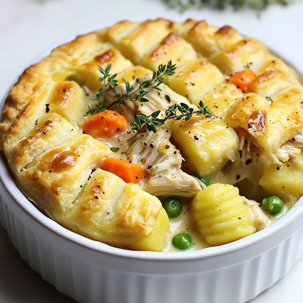 - 1 lb cooked chicken, shredded - 2 cups potato gnocchi, pre-cooked - 1 cup carrots, diced - 1 cup peas - 1 cup celery, diced - 1 small onion, finely chopped - 3 cups chicken broth - 1 cup heavy cream - 2 tablespoons olive oil - 2 tablespoons all-purpose flour - 1 teaspoon dried thyme - 1 teaspoon garlic powder - Salt and pepper to taste - 1 sheet puff pastry or 1 can of biscuit dough for topping This dish brings comfort to any table. The blend of chicken and gnocchi will warm your heart. Each ingredient plays a key role in creating rich flavors. First, we start with cooked chicken. You can use rotisserie chicken for ease. Shredding it will make it mix well with other ingredients. Next, we have potato gnocchi. It adds a soft texture that everyone loves. For veggies, diced carrots, peas, and celery are perfect. They add color and crunch. A finely chopped onion will give a sweet base flavor. Chicken broth is essential. It ties all the flavors together. Heavy cream adds richness, making the filling creamy and dreamy. The olive oil and flour create a nice roux. This thickens the filling and enhances the taste. Herbs like dried thyme and garlic powder bring depth. Salt and pepper will help balance the flavors. Lastly, the puff pastry or biscuit dough is the crown on this dish. It will bake up golden and flaky. Gather these ingredients. You'll soon create a dish that feels like a warm hug! {{ingredient_image_2}} 1. Preheating the Oven Start by preheating your oven to 400°F (200°C). This will ensure the pot pie bakes evenly. 2. Sautéing the Vegetables In a large skillet, pour in 2 tablespoons of olive oil over medium heat. Add 1 small chopped onion, 1 cup of diced celery, and 1 cup of diced carrots. Sauté the mix for about 5 to 7 minutes. Stir often until the veggies soften and smell great. 3. Creating the Sauce Once the veggies are tender, sprinkle 2 tablespoons of all-purpose flour over them. Stir well and cook for another 1 to 2 minutes. This helps remove the raw flour taste. Gradually add 3 cups of low-sodium chicken broth while stirring. Increase the heat and bring it to a gentle simmer. Let it thicken for about 5 minutes, stirring now and then. 1. Incorporating Chicken and Gnocchi Stir in 1 pound of shredded cooked chicken, 2 cups of pre-cooked potato gnocchi, 1 cup of peas, and 1 cup of heavy cream. Add 1 teaspoon each of dried thyme and garlic powder. Season with salt and pepper to taste. Mix everything until it's all heated through. 2. Transferring to Baking Dish Carefully pour the chicken and gnocchi mix into a greased oven-safe pie dish. Spread it out evenly, making sure it fills the dish well. 3. Topping with Pastry Roll out a sheet of puff pastry or biscuit dough. Place it over the top of the filling. Tuck the edges under the dish to seal it. Cut a few slits in the top for steam to escape while baking. 1. Setting the Oven Temperature You already set the oven to 400°F (200°C) earlier. Now, it’s time to bake! 2. Baking Time and Texture Place the dish in the oven and bake for 25 to 30 minutes. Look for a golden brown and flaky crust. You want it to bubble with deliciousness underneath. 3. Cooling Before Serving After baking, remove the pot pie from the oven. Let it cool for a few minutes before serving. This helps the filling set and makes it easier to slice. Enjoy your warm, comforting meal! Choosing the Best Chicken Pick cooked chicken that is juicy and tender. Rotisserie chicken works great. It saves time and brings in flavor. If you have leftover chicken, use that too. The more flavor, the better your pot pie will taste. Enhanced Seasoning Suggestions Season your filling well. Use salt and pepper to taste. Add dried thyme for an earthy note. Garlic powder gives it a nice punch. For extra flavor, try adding a splash of lemon juice or a sprinkle of onion powder. Experiment with spices you love. Adjusting Consistency with Cream Heavy cream makes your filling rich and creamy. If it feels too thick, add a bit of broth. If it’s too thin, let it simmer longer. This helps thicken the sauce. Adjust the cream to get the texture you want. How to Store Gnocchi Store uncooked gnocchi in the fridge for a few days. For longer storage, freeze them. Spread them on a baking sheet so they don’t stick, then transfer to a bag. Cook frozen gnocchi straight from the freezer. Substituting Different Vegetables Feel free to swap out veggies. Zucchini, corn, or bell peppers can add fun flavors. Use what you like or what you have. Just remember to chop them small for even cooking. Tips for Leftover Chicken Use leftover chicken in salads or sandwiches. You can also toss it in soups or stir-fries. Shredded chicken works well in many recipes. Don’t let it go to waste! Pro Tips Use Leftover Chicken: This recipe is a great way to use up any leftover roasted or rotisserie chicken, which adds flavor and saves time. Make It Vegetarian: Substitute the chicken with mushrooms or a mix of your favorite vegetables for a hearty vegetarian version. Choose Your Gnocchi: You can use store-bought gnocchi or make your own from scratch for a more personalized touch. Customize the Vegetables: Feel free to add or swap in any vegetables you like, such as corn, green beans, or bell peppers, to suit your taste. {{image_4}} You can easily switch the chicken for turkey. Turkey has a similar taste and texture. It makes for a great meal, especially around holidays. If you want a veggie option, try using mushrooms or lentils. They add a nice heartiness. You can also mix in beans for protein and fiber. When it comes to dough, you have options. You can make your own from scratch, which lets you control the ingredients. Store-bought dough is a big time saver. You can use puff pastry or biscuit dough for a quick fix. For those who need gluten-free options, look for gluten-free dough at the store. They taste great and work well in this dish. To make your pot pie extra special, think about adding cheese. A sprinkle of cheddar or mozzarella gives a creamy texture. Fresh herbs like parsley or thyme can brighten the flavor. If you like spice, try adding some red pepper flakes for a kick. A spicy twist makes this meal even more comforting. To store leftovers, let the Gnocchi Chicken Pot Pie cool first. Cover it tightly with plastic wrap or aluminum foil. You can also use an airtight container for best results. It stays fresh in the fridge for about 3 to 4 days. When you are ready to eat, you can reheat it in the oven or microwave. For the oven, set it to 350°F (175°C). Heat for about 20 minutes, or until it is hot all the way through. If you use the microwave, cover it with a damp paper towel. Heat in short bursts of 1 minute, stirring in between. To freeze before cooking, prepare the filling as usual. Transfer it to a freezer-safe dish. Leave space at the top for the pastry. Cover tightly with plastic wrap, then aluminum foil. It can last in the freezer for up to 3 months. When you are ready to cook, take it out the night before. Place it in the fridge to thaw slowly. Once thawed, top with pastry and bake. If you want to cook it from frozen, set your oven to 375°F (190°C). Bake for about 50-60 minutes. Check that the filling is hot and bubbling before serving. Can I use frozen gnocchi? Yes, you can use frozen gnocchi in this recipe. Just cook them according to the package instructions before adding them to the pot pie. Frozen gnocchi saves time and still tastes great in the dish. How do I know when the pot pie is done? The pot pie is done when the pastry is golden brown. You should also see bubbles of filling peeking through the top. A good tip is to check the edges of the pastry for a nice color. What can I serve with Gnocchi Chicken Pot Pie? This dish pairs well with a simple salad. A fresh green salad with vinaigrette works nicely. You could also serve it with crusty bread to soak up the tasty filling. Both options add a nice touch to your meal. In this post, we explored a delicious Gnocchi Chicken Pot Pie. We covered key ingredients and shared a simple, step-by-step method for making it. You learned tips to enhance flavor and suggested variations to suit your taste. This dish is perfect for a cozy meal and easy to modify. Now, you can enjoy this hearty pot pie any time. With different proteins and dough options, the choices are endless. Get creative and make this special meal your own!