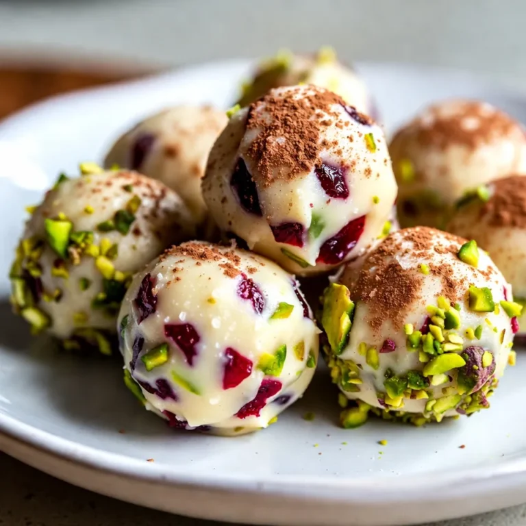 To make Cranberry Pistachio White Chocolate Truffles, you need simple and tasty ingredients. Here’s what you will need: - 8 oz high-quality white chocolate, finely chopped - 1/2 cup heavy cream - 1/4 cup dried cranberries, coarsely chopped - 1/4 cup pistachios, coarsely chopped (plus extra for rolling) - 1 teaspoon pure vanilla extract - A pinch of fine sea salt - Cocoa powder or shredded coconut for rolling (optional) These ingredients come together to create a delightful treat. The white chocolate gives a sweet base. The heavy cream adds richness, while the cranberries and pistachios provide texture and flavor. Using high-quality white chocolate is key. It melts smoothly, making creamy truffles. Coarsely chopped cranberries add a tart bite that balances the sweetness. Pistachios bring a nice crunch and a lovely green color. The pinch of salt enhances all the flavors. Vanilla extract adds warmth. You can roll the truffles in cocoa powder or shredded coconut for extra fun. This mix of flavors makes these truffles a perfect treat for any occasion. {{ingredient_image_2}} To start, heat the heavy cream in a small saucepan. Use medium heat and watch closely. When the cream simmers, remove it from the heat. This step is key. Next, add the finely chopped white chocolate to the warm cream. Let it sit for about 2 minutes. This helps the chocolate melt smoothly. After two minutes, stir the mixture gently. Use a spatula or whisk to blend until smooth. Make sure there are no lumps left. Now, it’s time to add flavor. Fold in the coarsely chopped cranberries and pistachios. Mix in the pure vanilla extract and a pinch of fine sea salt. Be gentle while mixing. You want even distribution but don’t over-mix. This keeps the truffles light and fluffy. Once mixed, cover the bowl tightly with plastic wrap. Refrigerate for about 2 hours. This helps the mixture firm up. When it's set, use a small cookie scoop or your hands to form balls. Aim for about 1 inch in diameter. Next, roll each truffle in the extra chopped pistachios, cocoa powder, or shredded coconut. This adds a nice texture. Finally, arrange the truffles on a baking sheet lined with parchment paper. Chill them for an extra 30 minutes. This step makes them easier to serve. To create smooth truffles, start with the right ingredient temperature. Use heavy cream that is warm but not boiling. When you add the finely chopped white chocolate, let it sit for two minutes. This step helps the chocolate melt evenly. Stir gently with a spatula or whisk. Avoid rushing this part; smoothness is key. Presentation makes your truffles shine. Use a decorative plate to show them off. For a festive touch, add small holiday-themed decorations. You can sprinkle extra chopped pistachios on top. This adds color and style. Another idea is to place them in a pretty gift box. This makes them perfect for sharing. If you have dietary preferences, you can make simple swaps. Use dairy-free chocolate for a vegan option. You can also try using dried blueberries instead of cranberries. For added flavor, mix in spices like cinnamon. This gives your truffles a new twist while keeping them delicious. Pro Tips Quality Chocolate Matters: Use high-quality white chocolate for the best flavor and smooth texture in your truffles. Chill Thoroughly: Ensure the mixture is firm enough to handle by chilling it for the full recommended time before shaping. Coating Variety: Experiment with different coatings like crushed nuts, cocoa powder, or shredded coconut for added flavor and texture. Presentation is Key: Arrange the truffles on a decorative plate and consider garnishing with extra chopped nuts or festive decorations for a beautiful display. {{image_4}} You can change the taste of these truffles easily. Try adding spices like cinnamon or nutmeg. A pinch of either spice gives warmth and a cozy feel. You can also introduce other nuts or fruits. Walnuts or almonds work well. For fruits, try dried cherries or apricots. Each choice adds a new twist. Coating options can make these truffles fun and unique. Roll them in different toppings, such as crushed almonds or colorful sprinkles. Each topping brings a new look and taste. You can also drizzle some melted chocolate over the top. This adds extra flair and sweetness. For festive occasions, you can make themed truffles. Add red and green sprinkles for Christmas. You can also shape them into small hearts for Valentine’s Day. Personal touches like these make them special for any celebration. Each truffle can hold a bit of holiday cheer. To keep your cranberry pistachio white chocolate truffles fresh, store them in the fridge. Place them in an airtight container. This helps prevent them from absorbing unwanted smells. The truffles will stay good for about one week in the fridge. If you want to keep them longer, freeze them. They can last up to three months in the freezer. Make sure to wrap them well in plastic wrap or use a freezer-safe container. When ready to eat, let them thaw in the fridge for a few hours. If you want to give these truffles as a gift, choose a nice box or a decorative tin. Line the inside with parchment paper for style. This will also keep them from sticking. Add a little padding, like shredded paper, to keep them secure during transport. You can even place a small note or a recipe card inside. This personal touch makes your gift special. Remember, keeping them cool during transport is key to keeping them fresh. For truffles, I recommend using high-quality white chocolate. Look for brands like Ghirardelli or Callebaut. These brands melt smoothly and taste great. Avoid cheaper options; they often have a waxy texture. Good chocolate makes a big difference in flavor and texture. Yes, you can make these truffles in advance. I suggest preparing them up to one week ahead. Store them in the fridge in an airtight container. They will stay fresh and tasty. You can also freeze them for up to three months. Just remember to thaw them in the fridge before serving. Serve these truffles on a pretty plate or in a gift box. You can pair them with coffee or tea for a nice treat. They also make a great dessert after a holiday meal. For a fun touch, add some festive decorations or extra chopped pistachios on top. These details impress your guests! Making white chocolate truffles is simple and fun. You mix high-quality ingredients, such as cream and cranberries, with care. Preparing, forming, and storing these treats can impress anyone. Be creative with flavors and coatings too. Whether for a gift or a party, these truffles shine. Keep these tips in mind, and your truffles will delight everyone. Enjoy this sweet journey!