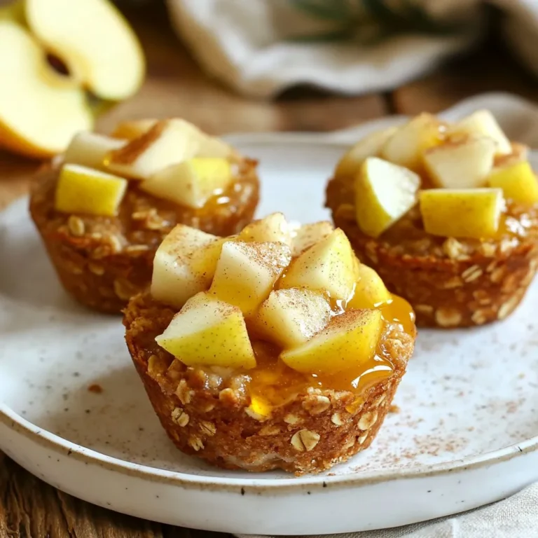 To make Cinnamon Apple Baked Oatmeal Cups, gather these ingredients: - 2 cups rolled oats - 1 teaspoon baking powder - 1 teaspoon ground cinnamon - 1/2 teaspoon salt - 2 cups unsweetened applesauce - 1/4 cup honey or maple syrup - 1 large egg - 1 teaspoon pure vanilla extract - 1 cup diced apples (about 1 large apple) - 1/2 cup chopped walnuts or pecans (optional) - 1/4 cup raisins or dried cranberries (optional) You can swap ingredients based on your taste or needs. Here are some ideas: - Rolled oats can be replaced with quick oats. - Use agave syrup instead of honey or maple syrup for a vegan option. - If you're allergic to nuts, skip the walnuts or pecans. - Unsweetened applesauce can be substituted with mashed bananas for a different flavor. Each oatmeal cup provides a good balance of nutrients. Here’s a quick breakdown: - Calories: Approximately 150 per cup - Protein: About 3 grams - Fiber: Around 4 grams - Sugars: Depends on your sweetener choice, but generally low - Fats: If you add nuts, fats will increase, mainly healthy fats from nuts These cups are not only tasty, but they're also a smart choice for breakfast or snacks. Enjoy these wholesome treats! {{ingredient_image_2}} Start by preheating your oven to 350°F (175°C). This step helps your oatmeal cups bake evenly. Next, grab a muffin tin. You can use paper liners or grease the tin with cooking spray. This helps the cups come out easily after baking. In a large mixing bowl, add 2 cups of rolled oats, 1 teaspoon of baking powder, 1 teaspoon of ground cinnamon, and 1/2 teaspoon of salt. Use a whisk or spoon to mix these dry ingredients well. Make sure they are evenly combined. This step ensures every bite is full of flavor. In another bowl, whisk together 2 cups of unsweetened applesauce, 1/4 cup of honey or maple syrup, 1 large egg, and 1 teaspoon of pure vanilla extract. Mix until smooth. This blend adds moisture and sweetness to the oatmeal cups. Pour the wet mixture into the bowl of dry ingredients. Stir gently until they are just combined. Then, fold in 1 cup of diced apples and any optional add-ins like 1/2 cup of chopped walnuts or 1/4 cup of raisins. Now, scoop the oat mixture into the muffin cups. Fill each cup about three-quarters full. This allows the cups to rise without spilling over. Bake in the oven for 25-30 minutes. The tops should turn golden brown. A toothpick inserted in the center should come out clean. Once baked, let the cups cool in the tin for about 5 minutes. Then, transfer them to a wire rack to cool completely. This helps them firm up and makes them easier to handle. Enjoy the warm, comforting flavors of cinnamon and apple! To get the best texture, use rolled oats. Quick oats can make the cups mushy. Mix your dry ingredients well. This helps the baking powder spread evenly. When adding wet ingredients, stir gently. Over-mixing can lead to tough oatmeal cups. Filling the muffin cups three-quarters full allows them to rise nicely. Serve these oatmeal cups warm for the best taste. Drizzle extra honey on top for added sweetness. A sprinkle of cinnamon makes them look great and taste even better. Pair them with yogurt for a creamy contrast. You can also enjoy them with fresh fruit on the side. Let the oatmeal cups cool completely before storing. Keep them in an airtight container. They stay fresh for about a week in the fridge. You can freeze them too! Just wrap them well and store in a freezer bag. Thaw them overnight in the fridge, then reheat in the oven or microwave. This keeps them tasting fresh and delicious. Pro Tips Use Fresh Apples: For the best flavor and texture, opt for fresh, crisp apples instead of canned or jarred options. Varieties like Granny Smith or Honeycrisp work wonderfully. Customize Sweetness: Adjust the amount of honey or maple syrup based on your taste preference and the sweetness of your applesauce. You can also omit sweeteners entirely if you prefer a less sweet option. Experiment with Add-ins: Feel free to add other mix-ins like shredded coconut, chocolate chips, or different nuts to vary the flavor profile and texture of your oatmeal cups. Store for Later: These oatmeal cups can be stored in an airtight container in the fridge for up to a week. They also freeze well, making them a great option for meal prep! {{image_4}} You can change the flavors of your oatmeal cups easily. Try adding pumpkin puree instead of applesauce. This gives a warm, cozy taste. You can also mix in fresh blueberries for a burst of sweetness. If you want a fun twist, add mashed bananas for a rich flavor. Each option keeps the same base but changes the taste. If you follow a vegan diet, swap the egg for a flax egg. Mix one tablespoon of ground flaxseed with three tablespoons of water. Let it sit for a few minutes until it thickens. For gluten-free options, just use gluten-free rolled oats. This way, you can enjoy the oatmeal cups without worries. To make the cups even healthier, you can reduce the sweetener. Use only two tablespoons of honey or maple syrup instead of a quarter cup. Also, try using almond butter instead of nuts for added creaminess. Adding chia seeds can boost the fiber content. These small swaps make the recipe better while still tasting great. To keep your Cinnamon Apple Baked Oatmeal Cups fresh, store them in an airtight container. Place a piece of parchment paper between layers if stacking. This helps prevent sticking. They stay good in the fridge for up to a week. You can freeze oatmeal cups for longer storage. Let them cool completely before freezing. Wrap each cup in plastic wrap, then place them in a freezer bag. Remove as much air as possible. These can last up to three months in the freezer. To enjoy your oatmeal cups again, simply reheat them. Pop them in the microwave for 30-45 seconds. If you prefer the oven, heat at 350°F (175°C) for about 10 minutes. Add a drizzle of honey or a sprinkle of cinnamon for an extra touch. Yes, you can use instant oats. However, rolled oats give better texture. Instant oats may result in a softer cup. If you use them, reduce the baking time slightly. To make these oatmeal cups dairy-free, swap the egg for a flax egg. Mix one tablespoon of ground flaxseed with three tablespoons of water. Let it sit for five minutes until it thickens. You can also use a dairy-free milk option if you want. If you want a substitute for honey or maple syrup, try agave nectar or brown sugar. You can also use coconut sugar, which adds a lovely flavor. Just keep the sweetness to your taste. These oatmeal cups last about five days in the fridge. Make sure to store them in an airtight container for freshness. You can also freeze them for up to three months. Just thaw them in the fridge before eating. We explored how to make delicious oatmeal cups. We looked at key ingredients, substitutions, and nutritional info. I shared step-by-step instructions to guide your baking process and tips for perfect texture. We also discussed flavor variations and storage methods to keep them fresh. These cups can fit many diets and preferences. Remember, adjust to your taste, and have fun. With these tips, you can enjoy tasty, healthy oatmeal cups any time!