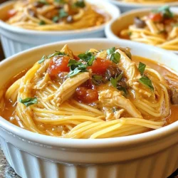 - 1.5 pounds boneless, skinless chicken breasts - 1 can (10.5 oz) cream of mushroom soup - 1 can (15 oz) diced tomatoes, undrained - 1 cup chicken broth The main ingredients form the heart of this dish. The boneless chicken cooks well and stays moist. Cream of mushroom soup adds a creamy base, while diced tomatoes give a nice tang. Chicken broth enhances the flavors and keeps things juicy. - 1 packet (1 oz) Italian seasoning - 1 teaspoon garlic powder - 1/2 teaspoon freshly ground black pepper - Salt to taste Seasoning is key for flavor. Italian seasoning brings herbs and spices that make this dish pop. Garlic powder gives a warm, savory taste. Black pepper adds just the right amount of heat. Always taste and adjust salt for the best flavor. - 8 ounces spaghetti, broken into thirds - 1 cup heavy cream (can substitute with half-and-half for a lighter version) - 1 cup shredded mozzarella cheese - Fresh basil, chopped (for garnish) Spaghetti is the perfect pasta to soak up the sauce. Heavy cream adds richness, while mozzarella gives a cheesy finish. Fresh basil not only looks nice but adds a bright flavor. This mix creates a comforting dish that everyone will love! {{ingredient_image_2}} 1. Start by layering the chicken breasts in the bottom of the crockpot. This helps them cook evenly. 2. In a bowl, mix the cream of mushroom soup, diced tomatoes, and chicken broth. 3. Add Italian seasoning, garlic powder, black pepper, and a pinch of salt. Whisk until smooth. 1. Pour the soup mixture over the chicken. Make sure each piece is covered. 2. Secure the lid on the crockpot. Set it to cook on low for 6 hours or high for 3 hours. This slow cooking helps the flavors blend well. 1. After the cooking time, take out the chicken breasts. Shred them using two forks. 2. Put the shredded chicken back in the pot. Add the broken spaghetti pieces and heavy cream. Stir until mixed. 3. Close the lid again. Cook on high for another 30 to 40 minutes, or until the spaghetti is tender. 4. Once the spaghetti is soft, stir in the shredded mozzarella cheese. Let it melt into the dish. 5. Taste the mixture and adjust the seasoning. Add more salt or pepper if needed. To make tender chicken, select good quality breasts. Cut any excess fat off for better taste. Place them in the crockpot in a single layer. This helps them cook evenly. For a creamy texture, use heavy cream. It adds richness and smoothness to the dish. You can also mix in cream of mushroom soup. This gives flavor and helps bind the sauce. Stir well to combine all ingredients, ensuring even coverage. The best cooking time for the crockpot is about 6 hours on low or 3 hours on high. This allows the chicken to become tender. If you're short on time, use the high setting. To check pasta doneness, look for a tender bite. After adding spaghetti, cook for an extra 30 to 40 minutes. Stir occasionally to prevent sticking. If needed, add a splash of broth to keep it moist. For a great presentation, serve in deep, wide bowls. This allows the dish to shine. Sprinkle freshly chopped basil on top for color. It adds freshness and a nice taste. If you love cheese, add more mozzarella or grated Parmesan. This enhances the creamy flavor and makes it more indulgent. Enjoy your delicious bowl of creamy chicken spaghetti! Pro Tips Use Fresh Ingredients: For the best flavor, opt for fresh herbs and spices whenever possible. Fresh basil can elevate the dish significantly! Customize Your Cheese: Feel free to mix different types of cheese such as cheddar or gouda for a unique flavor twist! Perfectly Shredded Chicken: Allow the chicken to cool slightly before shredding to prevent burns and make shredding easier. Leftover Storage: This dish stores well! Keep leftovers in an airtight container in the fridge for up to 3 days, and reheat gently on the stove. {{image_4}} You can tweak this recipe for your needs. For a lighter option, use half-and-half instead of heavy cream. This makes the dish less rich but still creamy. If you dislike cream of mushroom soup, swap it for cream of chicken soup or a homemade white sauce. This change can add a personal touch and flavor. You can also change the protein. Try using beef or pork for a new twist. They pair well with the sauce. For a vegetarian version, substitute chicken with plant-based proteins like tofu or chickpeas. They soak up the flavors and make the dish hearty. To add more flavor, toss in some vegetables. Bell peppers or spinach can brighten the dish. They add color and nutrients. You can also play with different seasonings. Try adding paprika for smokiness or crushed red pepper for heat. These small tweaks can make a big difference. To keep your creamy chicken spaghetti fresh, store it in an airtight container. Make sure it cools down first. Place it in the fridge and eat it within 3 to 4 days. This helps maintain taste and texture. If you want to save some for later, freeze it! First, let the dish cool completely. Then, transfer it to a freezer-safe container. It can last for up to 3 months in the freezer. When ready to eat, thaw it overnight in the fridge. Reheat on the stove or in the microwave until it's hot. Stir well to ensure even heating. You can get creative with leftovers. Mix the creamy chicken spaghetti with cooked veggies like spinach or bell peppers for a new meal. You can also use it as a filling for baked casseroles or stuffed peppers. Another idea is to serve it with a side salad for a balanced meal. The options are endless! To make creamy chicken spaghetti, follow these steps: 1. Layer the chicken: Place 1.5 pounds of boneless, skinless chicken breasts in the bottom of the crockpot. 2. Mix the sauce: In a bowl, whisk together 1 can of cream of mushroom soup, 1 can of diced tomatoes, 1 cup of chicken broth, 1 packet of Italian seasoning, 1 teaspoon of garlic powder, 1/2 teaspoon of black pepper, and salt to taste. 3. Pour sauce over chicken: Spread the sauce mixture evenly over the chicken breasts. 4. Set the crockpot: Cover it and cook on low for 6 hours or high for 3 hours. 5. Shred the chicken: After cooking, take out the chicken and shred it with forks. 6. Add spaghetti and cream: Stir in 8 ounces of broken spaghetti and 1 cup of heavy cream. Mix well. 7. Cook until tender: Close the lid and cook on high for 30 to 40 minutes until the spaghetti is tender. 8. Incorporate cheese: Finally, stir in 1 cup of shredded mozzarella cheese until melted. This method gives you a creamy, flavorful dish for your family. Yes, you can use frozen chicken breasts in your crockpot. Just make sure to add extra cooking time. Here&rsquo;s how: - Cooking time: If using frozen chicken, cook on low for about 8 hours or on high for 4 hours. - Ensure safe cooking: The chicken should reach 165&deg;F internally for safety. - Check doneness: Use a meat thermometer to verify the chicken is cooked through before shredding. This technique offers a simple way to get dinner ready without thawing. Here are some tasty side dishes to pair with creamy chicken spaghetti: - Garlic bread: This adds a nice crunch and flavor. - Green salad: A fresh salad with greens and your favorite dressing balances the meal. - Steamed vegetables: Broccoli or green beans add color and nutrition. - Roasted zucchini: A light side that complements the creamy pasta well. These options help create a well-rounded meal that your family will love. This blog post covered creating creamy chicken spaghetti in a crockpot. We explored main ingredients like chicken, soup, and spices. I shared step-by-step instructions to prepare and cook your meal easily. You learned helpful tips for perfecting the dish, variations for different tastes, and proper storage techniques. In the end, this recipe is fun, simple, and tasty. You can impress your family with minimal effort. Enjoy every bite, and don't forget to get creative!