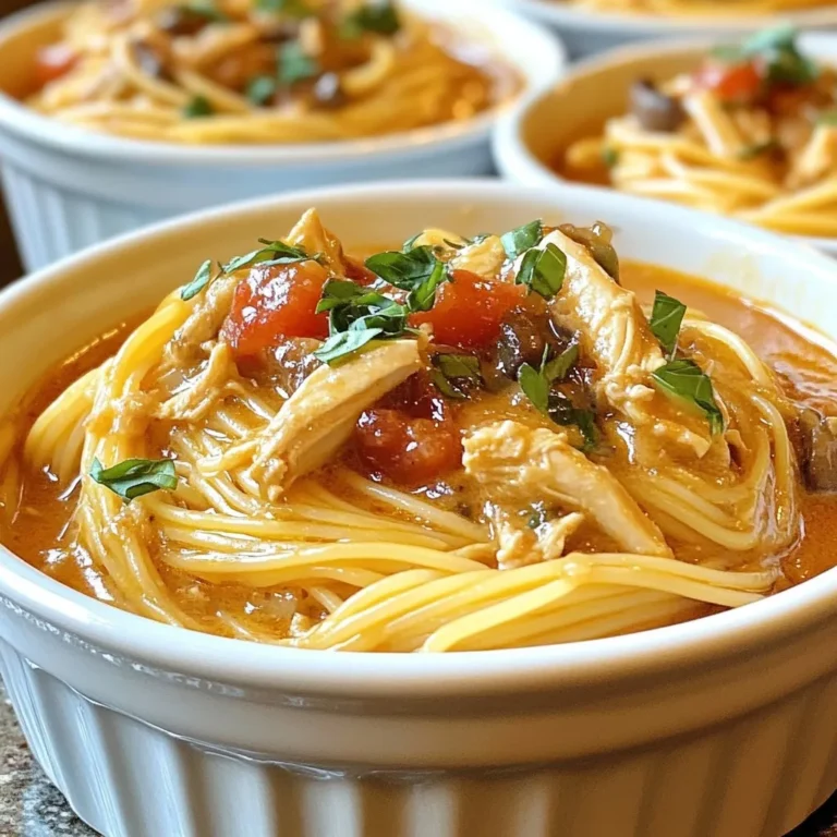 - 1.5 pounds boneless, skinless chicken breasts - 1 can (10.5 oz) cream of mushroom soup - 1 can (15 oz) diced tomatoes, undrained - 1 cup chicken broth The main ingredients form the heart of this dish. The boneless chicken cooks well and stays moist. Cream of mushroom soup adds a creamy base, while diced tomatoes give a nice tang. Chicken broth enhances the flavors and keeps things juicy. - 1 packet (1 oz) Italian seasoning - 1 teaspoon garlic powder - 1/2 teaspoon freshly ground black pepper - Salt to taste Seasoning is key for flavor. Italian seasoning brings herbs and spices that make this dish pop. Garlic powder gives a warm, savory taste. Black pepper adds just the right amount of heat. Always taste and adjust salt for the best flavor. - 8 ounces spaghetti, broken into thirds - 1 cup heavy cream (can substitute with half-and-half for a lighter version) - 1 cup shredded mozzarella cheese - Fresh basil, chopped (for garnish) Spaghetti is the perfect pasta to soak up the sauce. Heavy cream adds richness, while mozzarella gives a cheesy finish. Fresh basil not only looks nice but adds a bright flavor. This mix creates a comforting dish that everyone will love! {{ingredient_image_2}} 1. Start by layering the chicken breasts in the bottom of the crockpot. This helps them cook evenly. 2. In a bowl, mix the cream of mushroom soup, diced tomatoes, and chicken broth. 3. Add Italian seasoning, garlic powder, black pepper, and a pinch of salt. Whisk until smooth. 1. Pour the soup mixture over the chicken. Make sure each piece is covered. 2. Secure the lid on the crockpot. Set it to cook on low for 6 hours or high for 3 hours. This slow cooking helps the flavors blend well. 1. After the cooking time, take out the chicken breasts. Shred them using two forks. 2. Put the shredded chicken back in the pot. Add the broken spaghetti pieces and heavy cream. Stir until mixed. 3. Close the lid again. Cook on high for another 30 to 40 minutes, or until the spaghetti is tender. 4. Once the spaghetti is soft, stir in the shredded mozzarella cheese. Let it melt into the dish. 5. Taste the mixture and adjust the seasoning. Add more salt or pepper if needed. To make tender chicken, select good quality breasts. Cut any excess fat off for better taste. Place them in the crockpot in a single layer. This helps them cook evenly. For a creamy texture, use heavy cream. It adds richness and smoothness to the dish. You can also mix in cream of mushroom soup. This gives flavor and helps bind the sauce. Stir well to combine all ingredients, ensuring even coverage. The best cooking time for the crockpot is about 6 hours on low or 3 hours on high. This allows the chicken to become tender. If you're short on time, use the high setting. To check pasta doneness, look for a tender bite. After adding spaghetti, cook for an extra 30 to 40 minutes. Stir occasionally to prevent sticking. If needed, add a splash of broth to keep it moist. For a great presentation, serve in deep, wide bowls. This allows the dish to shine. Sprinkle freshly chopped basil on top for color. It adds freshness and a nice taste. If you love cheese, add more mozzarella or grated Parmesan. This enhances the creamy flavor and makes it more indulgent. Enjoy your delicious bowl of creamy chicken spaghetti! Pro Tips Use Fresh Ingredients: For the best flavor, opt for fresh herbs and spices whenever possible. Fresh basil can elevate the dish significantly! Customize Your Cheese: Feel free to mix different types of cheese such as cheddar or gouda for a unique flavor twist! Perfectly Shredded Chicken: Allow the chicken to cool slightly before shredding to prevent burns and make shredding easier. Leftover Storage: This dish stores well! Keep leftovers in an airtight container in the fridge for up to 3 days, and reheat gently on the stove. {{image_4}} You can tweak this recipe for your needs. For a lighter option, use half-and-half instead of heavy cream. This makes the dish less rich but still creamy. If you dislike cream of mushroom soup, swap it for cream of chicken soup or a homemade white sauce. This change can add a personal touch and flavor. You can also change the protein. Try using beef or pork for a new twist. They pair well with the sauce. For a vegetarian version, substitute chicken with plant-based proteins like tofu or chickpeas. They soak up the flavors and make the dish hearty. To add more flavor, toss in some vegetables. Bell peppers or spinach can brighten the dish. They add color and nutrients. You can also play with different seasonings. Try adding paprika for smokiness or crushed red pepper for heat. These small tweaks can make a big difference. To keep your creamy chicken spaghetti fresh, store it in an airtight container. Make sure it cools down first. Place it in the fridge and eat it within 3 to 4 days. This helps maintain taste and texture. If you want to save some for later, freeze it! First, let the dish cool completely. Then, transfer it to a freezer-safe container. It can last for up to 3 months in the freezer. When ready to eat, thaw it overnight in the fridge. Reheat on the stove or in the microwave until it's hot. Stir well to ensure even heating. You can get creative with leftovers. Mix the creamy chicken spaghetti with cooked veggies like spinach or bell peppers for a new meal. You can also use it as a filling for baked casseroles or stuffed peppers. Another idea is to serve it with a side salad for a balanced meal. The options are endless! To make creamy chicken spaghetti, follow these steps: 1. Layer the chicken: Place 1.5 pounds of boneless, skinless chicken breasts in the bottom of the crockpot. 2. Mix the sauce: In a bowl, whisk together 1 can of cream of mushroom soup, 1 can of diced tomatoes, 1 cup of chicken broth, 1 packet of Italian seasoning, 1 teaspoon of garlic powder, 1/2 teaspoon of black pepper, and salt to taste. 3. Pour sauce over chicken: Spread the sauce mixture evenly over the chicken breasts. 4. Set the crockpot: Cover it and cook on low for 6 hours or high for 3 hours. 5. Shred the chicken: After cooking, take out the chicken and shred it with forks. 6. Add spaghetti and cream: Stir in 8 ounces of broken spaghetti and 1 cup of heavy cream. Mix well. 7. Cook until tender: Close the lid and cook on high for 30 to 40 minutes until the spaghetti is tender. 8. Incorporate cheese: Finally, stir in 1 cup of shredded mozzarella cheese until melted. This method gives you a creamy, flavorful dish for your family. Yes, you can use frozen chicken breasts in your crockpot. Just make sure to add extra cooking time. Here’s how: - Cooking time: If using frozen chicken, cook on low for about 8 hours or on high for 4 hours. - Ensure safe cooking: The chicken should reach 165°F internally for safety. - Check doneness: Use a meat thermometer to verify the chicken is cooked through before shredding. This technique offers a simple way to get dinner ready without thawing. Here are some tasty side dishes to pair with creamy chicken spaghetti: - Garlic bread: This adds a nice crunch and flavor. - Green salad: A fresh salad with greens and your favorite dressing balances the meal. - Steamed vegetables: Broccoli or green beans add color and nutrition. - Roasted zucchini: A light side that complements the creamy pasta well. These options help create a well-rounded meal that your family will love. This blog post covered creating creamy chicken spaghetti in a crockpot. We explored main ingredients like chicken, soup, and spices. I shared step-by-step instructions to prepare and cook your meal easily. You learned helpful tips for perfecting the dish, variations for different tastes, and proper storage techniques. In the end, this recipe is fun, simple, and tasty. You can impress your family with minimal effort. Enjoy every bite, and don't forget to get creative!