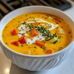 For this creamy roasted vegetable soup, I love using fresh, vibrant veggies. Here's my go-to list: - 2 medium carrots, peeled and chopped - 1 large zucchini, chopped into cubes - 1 red bell pepper, diced - 1 onion, cut into quarters - 4 cloves garlic, left unpeeled These veggies add great flavor and nutrition to the soup. Roasting them brings out their natural sweetness, making the soup truly delicious. Creaminess is key in this dish. I often use: - 1 cup heavy cream for a rich taste - 1 cup coconut cream for a dairy-free choice Choosing coconut cream gives the soup a nice, subtle flavor. You can enjoy this dish no matter your dietary needs. Seasonings can make or break a soup. For this recipe, I use: - 2 tablespoons extra-virgin olive oil - 1 teaspoon dried thyme - Salt and freshly ground black pepper to taste These simple ingredients elevate the flavors. The thyme adds an earthy note, while the salt and pepper enhance all the tastes. {{ingredient_image_2}} To start, gather your fresh veggies. You need: - 2 medium carrots, peeled and chopped - 1 large zucchini, chopped into cubes - 1 red bell pepper, diced - 1 onion, quartered - 4 cloves garlic, unpeeled First, wash all vegetables. Then, chop them into bite-sized pieces for even cooking. Place the chopped veggies on a large baking sheet. Drizzle them with 2 tablespoons of extra-virgin olive oil. Add salt, pepper, and 1 teaspoon of dried thyme. Toss everything together so each piece is coated. Now, preheat your oven to 400&deg;F (200&deg;C). This step is key for good roasting. Once your oven is hot, place the baking sheet inside. Roast the veggies for about 25 to 30 minutes. Stir them halfway to ensure they cook evenly. Look for a nice golden brown color and tender texture. This roasting brings out their natural sweetness. When the veggies are done, take out the baking sheet and let it cool for a few minutes. Carefully squeeze the roasted garlic from its skin. Add it to a blender with the roasted vegetables. Pour in 3 cups of vegetable broth, then blend until smooth. If your blender is small, do this in batches. Transfer the mixture to a large pot. Stir in 1 cup of heavy cream or coconut cream for a dairy-free option. Heat the soup on medium for 5 to 10 minutes. Keep stirring until it&rsquo;s warm and creamy. Taste and adjust salt and pepper as needed. Serve your soup hot, garnished with fresh thyme sprigs for a touch of class. To get that creamy texture, start with fresh ingredients. Roast your veggies until they are tender and caramelized. This adds depth to the flavor. When you blend the vegetables, add the vegetable broth slowly. This way, you can control the creaminess. If you want it creamier, add more heavy cream or coconut cream. Blend until it's smooth. This makes a big difference in texture. Store leftover soup in an airtight container. It will last in the fridge for about three days. If you want to keep it longer, freeze the soup. It can last for up to three months. When you reheat, do it slowly over low heat. This keeps the soup from splitting. Stir often to ensure even heating. If it seems too thick, add a splash of broth or water. For a nice presentation, use bowls that are bright and colorful. Ladle the soup into bowls, leaving some space at the top. Swirl in a bit of cream for a lovely look. Place a sprig of fresh thyme on top. This adds color and flavor. You can also sprinkle some black pepper for extra charm. Serve with warm bread on the side for a complete meal. Pro Tips Choose Fresh Vegetables: Opt for seasonal and fresh vegetables for the best flavor and nutritional value in your soup. Roast for Depth of Flavor: Roasting the vegetables enhances their natural sweetness and adds complexity to the soup&rsquo;s flavor profile. Blend in Batches if Necessary: If your blender is small, blend the soup in batches to ensure a smooth and creamy texture. Adjust Consistency with Broth: If the soup is too thick for your liking, add more vegetable broth to reach your desired consistency. {{image_4}} You can easily swap out some ingredients. For a gluten-free option, check your broth. Use a low-sodium broth for a healthier choice. If you need a dairy-free soup, replace heavy cream with coconut cream. This change keeps the soup rich and tasty. You can also use almond milk for a lighter version. Want to make your soup heartier? Add some protein or grains! Cooked lentils or chickpeas work well. Add them while blending for a smooth texture. For grains, try quinoa or rice. Add them before you blend, so they mix in nicely. This will give you a filling meal. Spice up your soup with fun flavors! Consider adding a pinch of smoked paprika for a warm taste. A dash of cayenne pepper can give it a kick. You can also add fresh herbs like basil or parsley. These will brighten the flavor. For a sweet touch, try adding a small apple or pear while roasting the veggies. Each of these options makes the soup unique and exciting! One serving of creamy roasted vegetable soup has about 300 calories. It contains around 20 grams of fat, 30 grams of carbs, and 5 grams of protein. The heavy cream adds rich flavor and creaminess. If you choose coconut cream, it remains creamy yet dairy-free. This soup is filling and great for a light meal. - Carrots: High in fiber and vitamin A. They support eye health. - Zucchini: Low in calories and hydrating. It adds bulk with fewer calories. - Red Bell Pepper: Rich in vitamin C. It helps boost your immune system. - Onion: Contains antioxidants. It enhances heart health. - Garlic: Known for its anti-inflammatory properties. It can lower blood pressure. - Olive Oil: Contains healthy fats. It supports heart health and reduces inflammation. - Thyme: Packed with vitamins and minerals. It has antibacterial properties. These ingredients work together to create a soup that is not just tasty but also good for you. This soup recipe makes four servings. Each bowl is perfect for a light meal. If you want a heartier dish, serve it with crusty bread. This adds more fiber and makes it more filling. Enjoy this soup as a starter or a main dish. Yes, you can make this soup ahead of time. Just cool it after cooking, then store it in the fridge. It stays good for up to three days. When you're ready to enjoy it, just heat it on the stove. Stir often to ensure it warms evenly. If you want a dairy-free option, use coconut cream. It adds a nice flavor and keeps the soup creamy. Other options include cashew cream or silken tofu blended until smooth. Each will give a different taste and texture to your soup. To spice things up, add diced jalape&ntilde;os or red pepper flakes. You can also stir in a bit of hot sauce after blending. Start with a small amount and taste as you go. This way, you can control the heat level to your liking. Yes, you can freeze this soup. Make sure it cools completely before pouring it into freezer-safe containers. Leave some space at the top for expansion. It can last for up to three months. When ready to eat, thaw it overnight in the fridge and reheat on the stove. This blog post covered how to make a creamy roasted vegetable soup. We explored the best vegetables and dairy options. You learned how to prep, roast, and blend the soup. I shared tips for texture, storage, and presentation. Variations let you change ingredients or add proteins. Lastly, we discussed the nutrition and answered common questions. Creating this soup can be fun and rewarding. Enjoy the flavors and health benefits it brings. Don&rsquo;t hesitate to experiment!