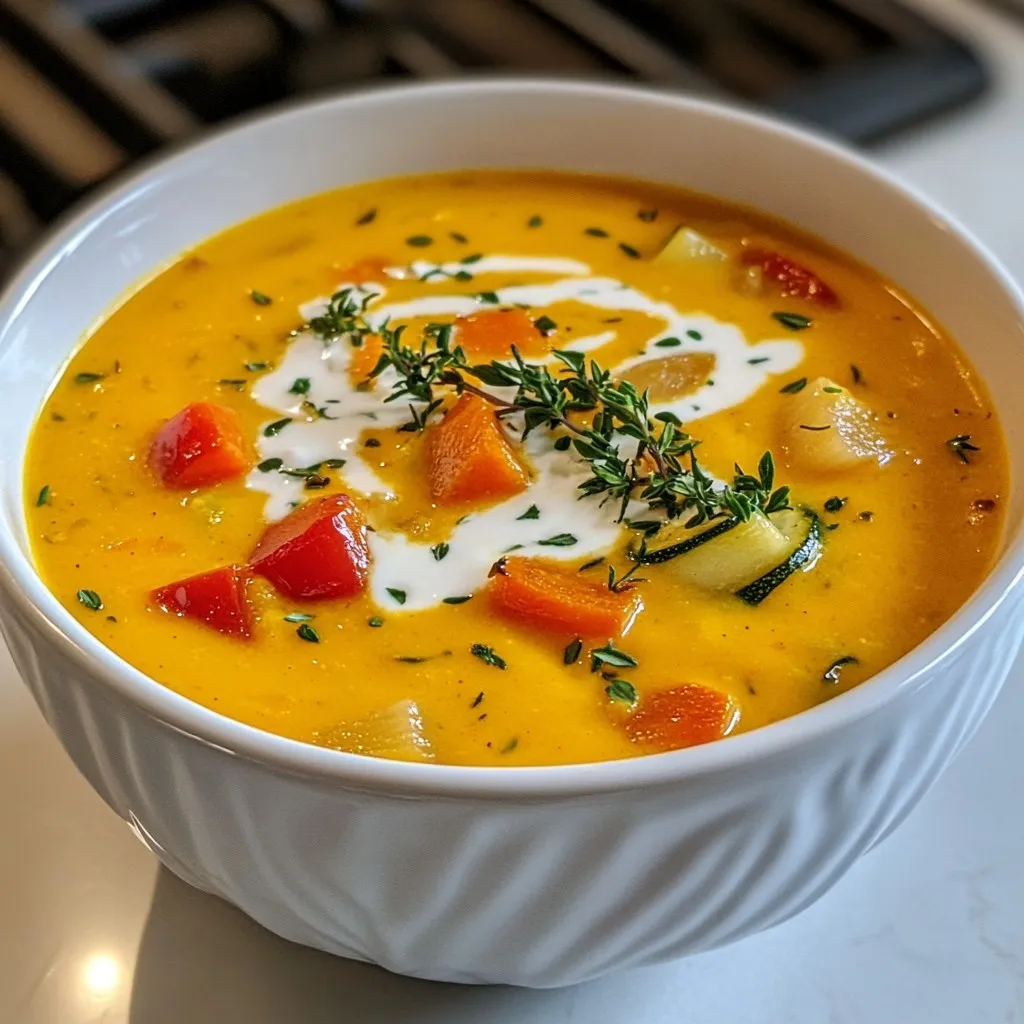 For this creamy roasted vegetable soup, I love using fresh, vibrant veggies. Here's my go-to list: - 2 medium carrots, peeled and chopped - 1 large zucchini, chopped into cubes - 1 red bell pepper, diced - 1 onion, cut into quarters - 4 cloves garlic, left unpeeled These veggies add great flavor and nutrition to the soup. Roasting them brings out their natural sweetness, making the soup truly delicious. Creaminess is key in this dish. I often use: - 1 cup heavy cream for a rich taste - 1 cup coconut cream for a dairy-free choice Choosing coconut cream gives the soup a nice, subtle flavor. You can enjoy this dish no matter your dietary needs. Seasonings can make or break a soup. For this recipe, I use: - 2 tablespoons extra-virgin olive oil - 1 teaspoon dried thyme - Salt and freshly ground black pepper to taste These simple ingredients elevate the flavors. The thyme adds an earthy note, while the salt and pepper enhance all the tastes. {{ingredient_image_2}} To start, gather your fresh veggies. You need: - 2 medium carrots, peeled and chopped - 1 large zucchini, chopped into cubes - 1 red bell pepper, diced - 1 onion, quartered - 4 cloves garlic, unpeeled First, wash all vegetables. Then, chop them into bite-sized pieces for even cooking. Place the chopped veggies on a large baking sheet. Drizzle them with 2 tablespoons of extra-virgin olive oil. Add salt, pepper, and 1 teaspoon of dried thyme. Toss everything together so each piece is coated. Now, preheat your oven to 400°F (200°C). This step is key for good roasting. Once your oven is hot, place the baking sheet inside. Roast the veggies for about 25 to 30 minutes. Stir them halfway to ensure they cook evenly. Look for a nice golden brown color and tender texture. This roasting brings out their natural sweetness. When the veggies are done, take out the baking sheet and let it cool for a few minutes. Carefully squeeze the roasted garlic from its skin. Add it to a blender with the roasted vegetables. Pour in 3 cups of vegetable broth, then blend until smooth. If your blender is small, do this in batches. Transfer the mixture to a large pot. Stir in 1 cup of heavy cream or coconut cream for a dairy-free option. Heat the soup on medium for 5 to 10 minutes. Keep stirring until it’s warm and creamy. Taste and adjust salt and pepper as needed. Serve your soup hot, garnished with fresh thyme sprigs for a touch of class. To get that creamy texture, start with fresh ingredients. Roast your veggies until they are tender and caramelized. This adds depth to the flavor. When you blend the vegetables, add the vegetable broth slowly. This way, you can control the creaminess. If you want it creamier, add more heavy cream or coconut cream. Blend until it's smooth. This makes a big difference in texture. Store leftover soup in an airtight container. It will last in the fridge for about three days. If you want to keep it longer, freeze the soup. It can last for up to three months. When you reheat, do it slowly over low heat. This keeps the soup from splitting. Stir often to ensure even heating. If it seems too thick, add a splash of broth or water. For a nice presentation, use bowls that are bright and colorful. Ladle the soup into bowls, leaving some space at the top. Swirl in a bit of cream for a lovely look. Place a sprig of fresh thyme on top. This adds color and flavor. You can also sprinkle some black pepper for extra charm. Serve with warm bread on the side for a complete meal. Pro Tips Choose Fresh Vegetables: Opt for seasonal and fresh vegetables for the best flavor and nutritional value in your soup. Roast for Depth of Flavor: Roasting the vegetables enhances their natural sweetness and adds complexity to the soup’s flavor profile. Blend in Batches if Necessary: If your blender is small, blend the soup in batches to ensure a smooth and creamy texture. Adjust Consistency with Broth: If the soup is too thick for your liking, add more vegetable broth to reach your desired consistency. {{image_4}} You can easily swap out some ingredients. For a gluten-free option, check your broth. Use a low-sodium broth for a healthier choice. If you need a dairy-free soup, replace heavy cream with coconut cream. This change keeps the soup rich and tasty. You can also use almond milk for a lighter version. Want to make your soup heartier? Add some protein or grains! Cooked lentils or chickpeas work well. Add them while blending for a smooth texture. For grains, try quinoa or rice. Add them before you blend, so they mix in nicely. This will give you a filling meal. Spice up your soup with fun flavors! Consider adding a pinch of smoked paprika for a warm taste. A dash of cayenne pepper can give it a kick. You can also add fresh herbs like basil or parsley. These will brighten the flavor. For a sweet touch, try adding a small apple or pear while roasting the veggies. Each of these options makes the soup unique and exciting! One serving of creamy roasted vegetable soup has about 300 calories. It contains around 20 grams of fat, 30 grams of carbs, and 5 grams of protein. The heavy cream adds rich flavor and creaminess. If you choose coconut cream, it remains creamy yet dairy-free. This soup is filling and great for a light meal. - Carrots: High in fiber and vitamin A. They support eye health. - Zucchini: Low in calories and hydrating. It adds bulk with fewer calories. - Red Bell Pepper: Rich in vitamin C. It helps boost your immune system. - Onion: Contains antioxidants. It enhances heart health. - Garlic: Known for its anti-inflammatory properties. It can lower blood pressure. - Olive Oil: Contains healthy fats. It supports heart health and reduces inflammation. - Thyme: Packed with vitamins and minerals. It has antibacterial properties. These ingredients work together to create a soup that is not just tasty but also good for you. This soup recipe makes four servings. Each bowl is perfect for a light meal. If you want a heartier dish, serve it with crusty bread. This adds more fiber and makes it more filling. Enjoy this soup as a starter or a main dish. Yes, you can make this soup ahead of time. Just cool it after cooking, then store it in the fridge. It stays good for up to three days. When you're ready to enjoy it, just heat it on the stove. Stir often to ensure it warms evenly. If you want a dairy-free option, use coconut cream. It adds a nice flavor and keeps the soup creamy. Other options include cashew cream or silken tofu blended until smooth. Each will give a different taste and texture to your soup. To spice things up, add diced jalapeños or red pepper flakes. You can also stir in a bit of hot sauce after blending. Start with a small amount and taste as you go. This way, you can control the heat level to your liking. Yes, you can freeze this soup. Make sure it cools completely before pouring it into freezer-safe containers. Leave some space at the top for expansion. It can last for up to three months. When ready to eat, thaw it overnight in the fridge and reheat on the stove. This blog post covered how to make a creamy roasted vegetable soup. We explored the best vegetables and dairy options. You learned how to prep, roast, and blend the soup. I shared tips for texture, storage, and presentation. Variations let you change ingredients or add proteins. Lastly, we discussed the nutrition and answered common questions. Creating this soup can be fun and rewarding. Enjoy the flavors and health benefits it brings. Don’t hesitate to experiment!