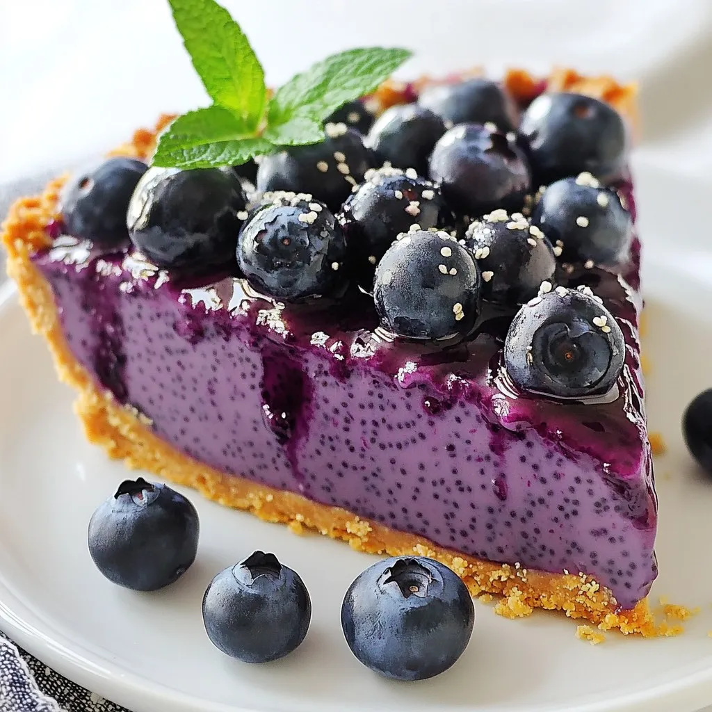 Fresh blueberries shine in this dessert. You need 2 cups for the filling. They burst with flavor and add vibrant color. For serving, keep some extra blueberries on hand. They make a lovely topping. Chia seeds are the magic ingredient here. You will need 1/2 cup. They thicken the filling and give it a nice texture. They also provide fiber and healthy fats. This makes the pie not just tasty, but good for you too! To sweeten the pie, use 1/2 cup of maple syrup or honey. Both options work great. They add natural sweetness and flavor. A teaspoon of vanilla extract enhances the taste. This brings out the fruit's natural sweetness. The crust is simple yet delicious. You need 1 cup of crushed almonds or almond flour. Combine this with 1/4 cup of melted coconut oil and a pinch of sea salt. This mix creates a nutty, crunchy base. Press it firmly into your pie pan for the best texture. {{ingredient_image_2}} First, gather your ingredients. You need crushed almonds or almond flour, melted coconut oil, and a pinch of sea salt. In a medium bowl, mix the crushed almonds with melted coconut oil. Add the salt and stir until it looks like wet sand. Press this mixture firmly into the bottom of a 9-inch pie pan. Make sure it is even and compact. Set it aside to firm up. Now, it’s time to make the filling. In a high-speed blender, add the fresh blueberries, coconut milk, maple syrup or honey, and vanilla extract. Blend on high until the mixture is smooth and creamy. You want no chunks of blueberry left. This creates a rich, sweet base for your pie. Next, transfer the blueberry mixture into a large bowl. Gradually stir in the chia seeds. Mix well for about a minute to make sure the seeds spread evenly through the filling. This step is key as chia seeds will help thicken the pie. Once mixed, let the filling sit for about 10 minutes. This allows the chia seeds to absorb some liquid. After 10 minutes, give it another stir. Then, carefully pour the thickened filling over your almond crust. Use a spatula to smooth the top. Cover the pie with plastic wrap and chill it in the fridge for at least 4 hours. For the best texture, let it chill overnight. When the pie is set, slice it into wedges. For a special touch, add fresh blueberries on top of each slice. Drizzle a bit of maple syrup for extra sweetness. If you want to impress, garnish with a sprig of mint and coconut whipped cream. This makes each piece look beautiful and inviting. Enjoy your delicious no-bake blueberry chia pie! To get the best crust, use crushed almonds or almond flour. This gives a nutty taste. Mix them with melted coconut oil and a pinch of sea salt. Make sure the mix is moist but not wet. Press it firmly into the pie pan. An even layer helps the crust hold together well. When blending the filling, use a high-powered blender. Start with fresh blueberries, coconut milk, maple syrup, and vanilla extract. Blend until smooth with no chunks. This creates a creamy texture. Be patient; it takes about one minute. A well-blended filling makes the pie taste better. After blending, add chia seeds slowly. Stir them into the blueberry mix. Let it sit for about ten minutes. This time allows the chia seeds to absorb moisture and thicken the filling. Mix again to break clumps. A thick filling sets well and keeps the pie from being runny. For a beautiful pie, slice it neatly. Top each slice with fresh blueberries. A drizzle of maple syrup adds sweetness. For extra flair, add a mint sprig and coconut whipped cream. This makes each piece look fancy and inviting. A great presentation makes the pie even more enjoyable. Pro Tips Use Frozen Blueberries: If fresh blueberries are not available, frozen blueberries can be used. Just make sure to thaw and drain them to prevent excess moisture in the filling. Customize Your Sweetness: Adjust the amount of maple syrup or honey according to your taste preference. You can also experiment with other sweeteners like agave syrup or stevia. Experiment with Flavors: Add a dash of cinnamon or a squeeze of lemon juice to the blueberry filling for a unique flavor twist that complements the blueberries beautifully. Chill for Best Results: For the best texture, allow the pie to chill overnight. This gives the chia seeds ample time to thicken the filling, resulting in a more cohesive pie. {{image_4}} You can change the flavor of your pie by using other fruits. Try ripe strawberries or sweet raspberries for a berry twist. You can also use mango or peach for a tropical vibe. Each fruit adds a unique taste and color to your pie. Just keep the same amount of fruit as in the recipe. This pie is naturally gluten-free and vegan. The almond crust is great for those who avoid gluten. Use maple syrup or agave nectar to keep it vegan. If you have nut allergies, try using sunflower seed flour for the crust. The chia seeds provide healthy omega-3s, making this pie a nutritious choice. Top your pie with fresh fruit to make it even prettier. A dollop of coconut whipped cream adds creaminess and flavor. You can also sprinkle some crushed nuts on top for a nice crunch. For a fun twist, drizzle some chocolate or caramel sauce over each slice. This adds a sweet touch that everyone will love. Store leftover pie in the fridge. Use an airtight container or cover it tightly with plastic wrap. This keeps the pie fresh and prevents it from drying out. You can freeze this pie for longer storage. Slice the pie into wedges before freezing. Wrap each slice in plastic wrap, then place them in a freezer-safe bag. This way, you can enjoy a piece whenever you want! The pie will last about 3 to 5 days in the refrigerator. Always check for any signs of spoilage, like an off smell or change in texture. Keeping it well-covered helps maintain its freshness. Yes, you can use frozen blueberries. They will blend smoothly. Just thaw them first. This way, you avoid extra water in the mix. The taste will still be sweet and fruity. The pie is set when the filling feels firm to the touch. It should not jiggle when you move it. After chilling for at least four hours, check the texture. For best results, let it chill overnight. If you don’t have chia seeds, use ground flaxseeds. They will help thicken the filling like chia seeds. You can also try using gelatin for a firmer pie. Just follow the package instructions for correct amounts. Absolutely! This pie is perfect for making ahead of time. You can prepare it a day or two in advance. Just store it in the fridge. This makes it a great option for parties or gatherings. Each slice of pie has about 200 calories. It also provides healthy fats from the chia and almonds. This pie is rich in fiber and antioxidants too. The blueberries add vitamins and minerals, making it a nutritious treat. This blog post covered the key steps to make a delicious blueberry pie. We discussed fresh ingredients, like blueberries and toppings, as well as the almond crust. The instructions were easy to follow for preparing the pie. Tips helped you perfect the crust and thickening the filling. Don't forget the fun variations you can try! This pie is not just tasty; it is also fun to personalize. Enjoy making it your own!