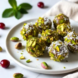 - 1 cup pitted dates, roughly chopped - 1/2 cup dried cranberries - 1/2 cup raw pistachios, shelled and roughly chopped - 1/4 cup unsweetened shredded coconut - 1 tablespoon unsweetened cocoa powder - 1/2 teaspoon pure vanilla extract - Pinch of sea salt - Additional chopped pistachios and coconut flakes for rolling - Prep time: 15 minutes - Total time: 1 hour - Servings: 12 Gather these ingredients to make your cranberry pistachio truffles. First, I love using dates because they add natural sweetness. They also help bind all the other ingredients together. Dried cranberries give a nice tart flavor that balances the sweetness. Pistachios bring a crunch and a bit of saltiness. Make sure they are shelled and roughly chopped for a better texture. Shredded coconut adds a tropical twist and helps when rolling the truffles. For the additional ingredients, cocoa powder deepens the flavor. Vanilla extract adds a warm note, while a pinch of sea salt enhances all the flavors. The extra chopped pistachios and coconut flakes are for rolling the truffles, making them look pretty. With these ingredients, you can make a delicious treat that is easy to prepare and fun to share. You&rsquo;ll enjoy making and eating these truffles! {{ingredient_image_2}} - Chop 1 cup of pitted dates into small pieces. - Cut 1/2 cup of dried cranberries into smaller bits. - Roughly chop 1/2 cup of raw pistachios. - Measure 1/4 cup of unsweetened shredded coconut. - Gather 1 tablespoon of unsweetened cocoa powder, 1/2 teaspoon of pure vanilla extract, and a pinch of sea salt. - Set aside additional chopped pistachios and coconut flakes for rolling the truffles. - Add the chopped dates, cranberries, and pistachios to a food processor. - Pulse the mixture until it starts to clump together. You want a sticky consistency. - Next, add the shredded coconut, cocoa powder, vanilla extract, and sea salt. - Blend until everything combines into a smooth, sticky dough. - Scrape the mixture into a mixing bowl. - Cover it and place it in the refrigerator for 30 minutes. This step helps the dough firm up. - After chilling, remove the mixture from the fridge. - Scoop out about 1 tablespoon of the mixture and roll it into a ball. - Roll each truffle in the extra chopped pistachios and shredded coconut. - Make sure each one is evenly coated for a nice look. - Arrange the coated truffles on a lined baking sheet. - Place them back in the refrigerator for another 30 minutes to firm up before serving. To make the best truffles, aim for a sticky and smooth mixture. The ideal texture is slightly tacky but holds its shape. If it feels too dry, add a few more dates or a splash of water. If it's too wet, add more shredded coconut or pistachios. Adjust these ingredients as you mix to find your perfect balance. For a stunning look, use decorative plates to serve your truffles. A sprig of fresh mint adds a pop of color and makes your dish eye-catching. You can also use small cupcake liners to hold each truffle. This not only looks nice but makes them easy to pick up and enjoy. To keep your truffles fresh, store them in an airtight container in the fridge. They can last up to two weeks if stored properly. Check for spoilage by looking for any changes in color or texture. If they smell off, it&rsquo;s best to discard them. Keeping them cool helps maintain their flavor and consistency. Pro Tips Choose Fresh Dates: Using fresh, moist dates will enhance the sweetness and texture of your truffles, making them more enjoyable. Experiment with Nuts: Feel free to substitute pistachios with other nuts like almonds or walnuts for a different flavor profile. Chill Thoroughly: Make sure to chill the mixture long enough to ensure the truffles hold their shape when rolling and serving. Personalize Coatings: Get creative with your coatings! Try rolling in crushed freeze-dried fruit or spices for a unique twist on flavor and presentation. {{image_4}} You can change the flavor of your truffles easily. One tasty option is to dip them in chocolate. Melt some dark chocolate and coat each truffle for a rich twist. You can also switch dried cranberries for other dried fruits. Raisins or chopped apricots work well. These swaps add new flavors and textures. If you want to try different nuts, almonds or walnuts are great substitutes. They will give your truffles a new taste. For those with nut allergies, consider using seeds like sunflower or pumpkin seeds. These options keep the truffles delicious and safe for everyone. Adding spices can enhance your truffles. Try incorporating a bit of cinnamon or nutmeg. Just a pinch can bring warmth to each bite. You can also add citrus zest for a fresh, bright flavor. Orange or lemon zest works great and adds a fun twist. You can find Cranberry Pistachio Truffles at local bakeries or gourmet food shops. These places often carry a variety of unique treats. Health food stores and organic markets also stock these truffles. They usually offer fresh, high-quality options that you will love. If you prefer shopping online, many websites offer gourmet truffles. You can check popular e-commerce platforms for homemade options. There are also specialty sites that focus solely on truffles. This makes it easy to have them delivered right to your door. When looking for the best brands, I recommend checking trusted names in gourmet treats. Look for brands with good user reviews and high ratings. Reading reviews can help you find quality products that others enjoy. This way, you can be sure you are choosing delicious truffles. Yes, you can use different nuts. Almonds, walnuts, or cashews work well. Each nut gives a unique taste. Just remember to chop them roughly. This keeps the texture nice and crunchy. These truffles stay fresh for one week. Store them in the fridge to keep them firm. You can also freeze them for up to three months. Just place them in an airtight container. Yes, these truffles are vegan-friendly. They contain no animal products. The ingredients are all plant-based, so feel free to enjoy them! Absolutely! You can make these truffles a day in advance. Just store them in the fridge until you are ready to serve. This helps the flavors meld together nicely. You have now learned how to make delicious cranberry pistachio truffles. We discussed the main and additional ingredients, prep and cook times, and how to shape and coat your truffles. I shared helpful tips for perfecting texture, presentation, and storage. You can also explore flavor variations and where to buy them. Remember, these truffles are easy to customize and perfect for any occasion. Try making them yourself and enjoy a sweet treat!