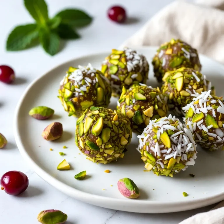 - 1 cup pitted dates, roughly chopped - 1/2 cup dried cranberries - 1/2 cup raw pistachios, shelled and roughly chopped - 1/4 cup unsweetened shredded coconut - 1 tablespoon unsweetened cocoa powder - 1/2 teaspoon pure vanilla extract - Pinch of sea salt - Additional chopped pistachios and coconut flakes for rolling - Prep time: 15 minutes - Total time: 1 hour - Servings: 12 Gather these ingredients to make your cranberry pistachio truffles. First, I love using dates because they add natural sweetness. They also help bind all the other ingredients together. Dried cranberries give a nice tart flavor that balances the sweetness. Pistachios bring a crunch and a bit of saltiness. Make sure they are shelled and roughly chopped for a better texture. Shredded coconut adds a tropical twist and helps when rolling the truffles. For the additional ingredients, cocoa powder deepens the flavor. Vanilla extract adds a warm note, while a pinch of sea salt enhances all the flavors. The extra chopped pistachios and coconut flakes are for rolling the truffles, making them look pretty. With these ingredients, you can make a delicious treat that is easy to prepare and fun to share. You’ll enjoy making and eating these truffles! {{ingredient_image_2}} - Chop 1 cup of pitted dates into small pieces. - Cut 1/2 cup of dried cranberries into smaller bits. - Roughly chop 1/2 cup of raw pistachios. - Measure 1/4 cup of unsweetened shredded coconut. - Gather 1 tablespoon of unsweetened cocoa powder, 1/2 teaspoon of pure vanilla extract, and a pinch of sea salt. - Set aside additional chopped pistachios and coconut flakes for rolling the truffles. - Add the chopped dates, cranberries, and pistachios to a food processor. - Pulse the mixture until it starts to clump together. You want a sticky consistency. - Next, add the shredded coconut, cocoa powder, vanilla extract, and sea salt. - Blend until everything combines into a smooth, sticky dough. - Scrape the mixture into a mixing bowl. - Cover it and place it in the refrigerator for 30 minutes. This step helps the dough firm up. - After chilling, remove the mixture from the fridge. - Scoop out about 1 tablespoon of the mixture and roll it into a ball. - Roll each truffle in the extra chopped pistachios and shredded coconut. - Make sure each one is evenly coated for a nice look. - Arrange the coated truffles on a lined baking sheet. - Place them back in the refrigerator for another 30 minutes to firm up before serving. To make the best truffles, aim for a sticky and smooth mixture. The ideal texture is slightly tacky but holds its shape. If it feels too dry, add a few more dates or a splash of water. If it's too wet, add more shredded coconut or pistachios. Adjust these ingredients as you mix to find your perfect balance. For a stunning look, use decorative plates to serve your truffles. A sprig of fresh mint adds a pop of color and makes your dish eye-catching. You can also use small cupcake liners to hold each truffle. This not only looks nice but makes them easy to pick up and enjoy. To keep your truffles fresh, store them in an airtight container in the fridge. They can last up to two weeks if stored properly. Check for spoilage by looking for any changes in color or texture. If they smell off, it’s best to discard them. Keeping them cool helps maintain their flavor and consistency. Pro Tips Choose Fresh Dates: Using fresh, moist dates will enhance the sweetness and texture of your truffles, making them more enjoyable. Experiment with Nuts: Feel free to substitute pistachios with other nuts like almonds or walnuts for a different flavor profile. Chill Thoroughly: Make sure to chill the mixture long enough to ensure the truffles hold their shape when rolling and serving. Personalize Coatings: Get creative with your coatings! Try rolling in crushed freeze-dried fruit or spices for a unique twist on flavor and presentation. {{image_4}} You can change the flavor of your truffles easily. One tasty option is to dip them in chocolate. Melt some dark chocolate and coat each truffle for a rich twist. You can also switch dried cranberries for other dried fruits. Raisins or chopped apricots work well. These swaps add new flavors and textures. If you want to try different nuts, almonds or walnuts are great substitutes. They will give your truffles a new taste. For those with nut allergies, consider using seeds like sunflower or pumpkin seeds. These options keep the truffles delicious and safe for everyone. Adding spices can enhance your truffles. Try incorporating a bit of cinnamon or nutmeg. Just a pinch can bring warmth to each bite. You can also add citrus zest for a fresh, bright flavor. Orange or lemon zest works great and adds a fun twist. You can find Cranberry Pistachio Truffles at local bakeries or gourmet food shops. These places often carry a variety of unique treats. Health food stores and organic markets also stock these truffles. They usually offer fresh, high-quality options that you will love. If you prefer shopping online, many websites offer gourmet truffles. You can check popular e-commerce platforms for homemade options. There are also specialty sites that focus solely on truffles. This makes it easy to have them delivered right to your door. When looking for the best brands, I recommend checking trusted names in gourmet treats. Look for brands with good user reviews and high ratings. Reading reviews can help you find quality products that others enjoy. This way, you can be sure you are choosing delicious truffles. Yes, you can use different nuts. Almonds, walnuts, or cashews work well. Each nut gives a unique taste. Just remember to chop them roughly. This keeps the texture nice and crunchy. These truffles stay fresh for one week. Store them in the fridge to keep them firm. You can also freeze them for up to three months. Just place them in an airtight container. Yes, these truffles are vegan-friendly. They contain no animal products. The ingredients are all plant-based, so feel free to enjoy them! Absolutely! You can make these truffles a day in advance. Just store them in the fridge until you are ready to serve. This helps the flavors meld together nicely. You have now learned how to make delicious cranberry pistachio truffles. We discussed the main and additional ingredients, prep and cook times, and how to shape and coat your truffles. I shared helpful tips for perfecting texture, presentation, and storage. You can also explore flavor variations and where to buy them. Remember, these truffles are easy to customize and perfect for any occasion. Try making them yourself and enjoy a sweet treat!