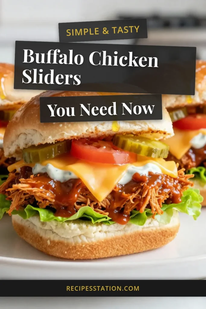 Satisfy your cravings with these delicious Buffalo Chicken Sliders! Perfect for game day or casual gatherings, this easy slider recipe features shredded chicken coated in spicy buffalo sauce chicken, topped with ranch and cheese. Bake these spicy chicken appetizers in just 30 minutes for a crowd-pleasing treat. Get ready to indulge and impress your guests! Save this baked sliders recipe now! #BuffaloChickenSliders #SpicyAppetizers #EasySliderRecipes #BakedSliders