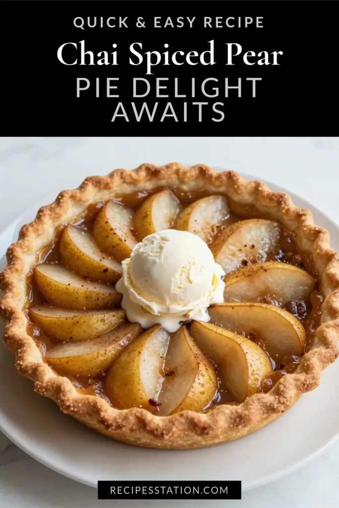 Indulge in the warmth of Chai Spiced Pear Pie, a delightful twist on a classic pear pie recipe. This easy dessert recipe features a homemade pie crust filled with tender pears and fragrant spices like cinnamon and cardamom for a unique flavor. Perfect for any occasion, this spiced pie recipe will be a showstopper at your gatherings. Try it today and savor each slice! #ChaiSpicedPearPie #PearPieRecipe #EasyDessertRecipes #SpicedPieRecipes