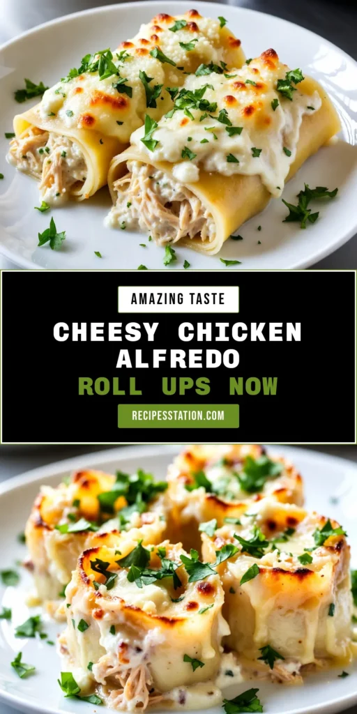 Indulge in the ultimate comfort food with these Cheesy Chicken Alfredo Lasagna Roll-Ups! This easy lasagna roll-up recipe features tender noodles layered with a creamy chicken Alfredo filling, baked to perfection. Perfect for family dinners or meal prep, these baked lasagna roll-ups will satisfy your cheesy cravings. Try this Chicken Alfredo recipe today and elevate your meal game. Save this recipe for a delicious dinner! #ComfortFoodRecipes #EasyLasagnaRollUps #ChickenAlfredoRecipe #CheesyChickenAlfredoLasagnaRollUps
