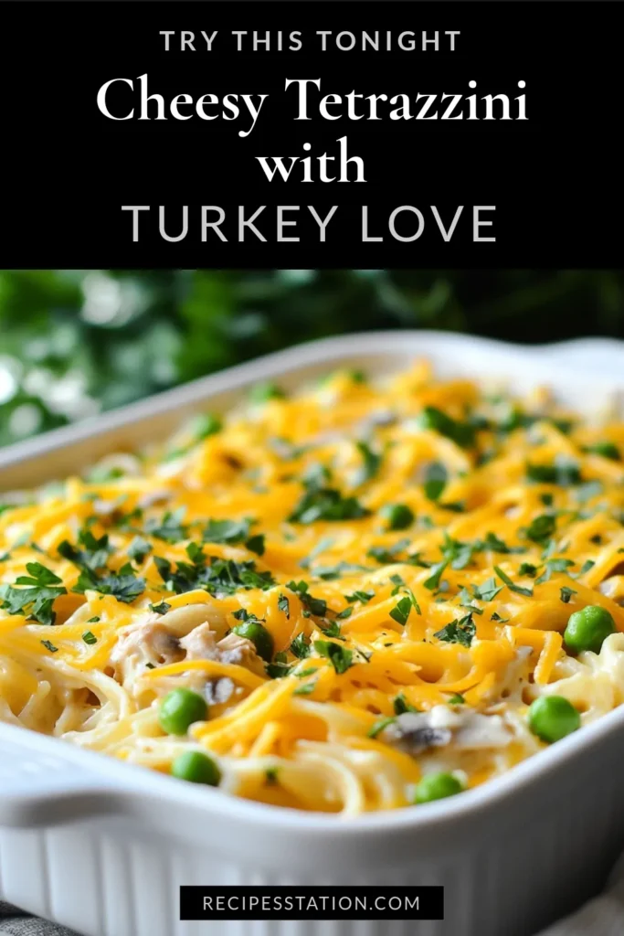 Discover the ultimate comfort food with this Easy Turkey Tetrazzini recipe! This Cheesy Turkey Tetrazzini blends tender turkey, creamy sauce, and pasta in a one-pot turkey tetrazzini delight that's perfect for the family. In just 50 minutes, you&rsquo;ll have a scrumptious Easy Turkey Pasta Bake that everyone will love. Try this creamy turkey tetrazzini recipe tonight and make mealtime memorable! Save this post for later! #TurkeyTetrazzini #EasyPastaBake #ComfortFood #OnePotMeal