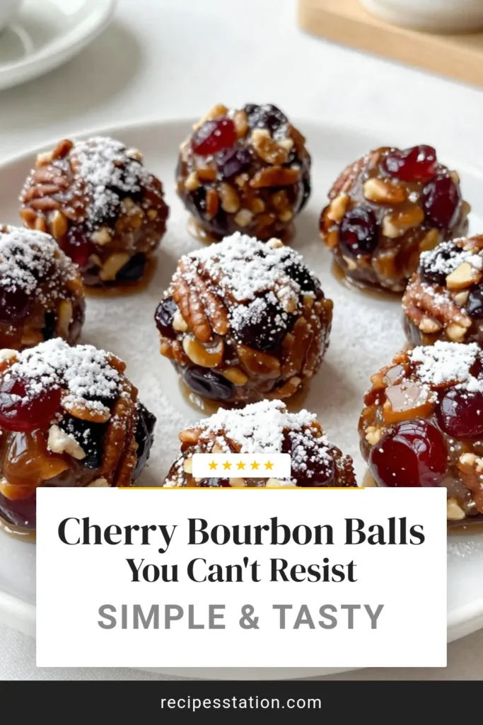 Indulge in these irresistible Cherry Bourbon Balls, the perfect Bourbon Cherry Dessert for any gathering. This festive cherry bourbon recipe is a no-bake cherry treat that combines dried cherries, graham cracker crumbs, and a splash of bourbon for an unforgettable flavor. Dipped in chocolate and dusted with powdered sugar, these Chocolate Covered Cherry Bourbon delights are a must-try! Save the recipe and impress your guests today! #CherryBourbonBalls #BourbonCherryDessert #NoBakeCherryTreats #FestiveRecipes