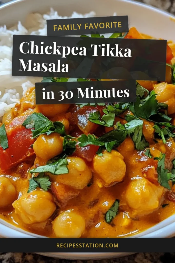 Discover this delicious vegan chickpea tikka masala recipe that's perfect for a quick weeknight dinner! This easy chickpea curry features creamy coconut milk and aromatic spices, making it a satisfying vegetarian dinner option. Serve it over fluffy basmati rice or quinoa for a complete meal. Ready in just 30 minutes, it's a must-try! Pin now to save this flavorful dinner idea. #ChickpeaTikkaMasala #VeganTikkaMasala #EasyChickpeaCurry #VegetarianDinnerRecipes