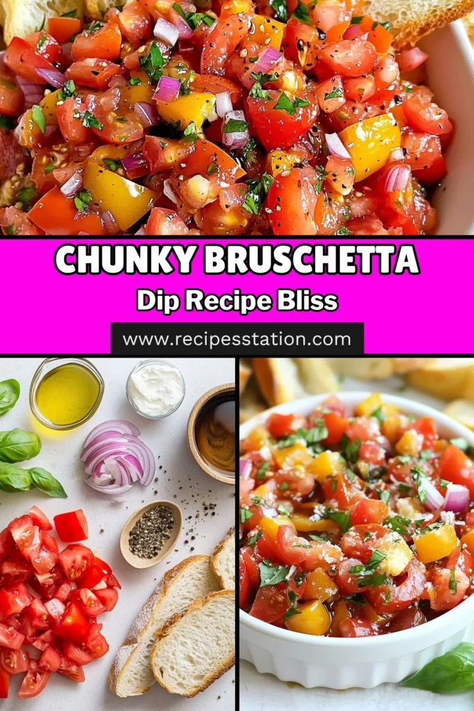 Discover the ultimate Chunky Bruschetta Dip, a deliciously vibrant tomato basil dip perfect for every occasion! This easy appetizer recipe features creamy cream cheese bruschetta layered with fresh tomatoes, red onion, and herbs, all served atop crispy baguette slices. Ideal for parties or game days, this bruschetta dip recipe is a guaranteed crowd-pleaser. Try it today and impress your guests! Save for later and explore more delightful recipes! #BruschettaDip #AppetizerIdeas #TomatoBasilDip #EasyRecipes