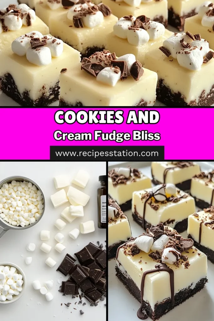 Indulge in the sweet delight of Cookies and Cream Fudge, a simple and delicious White Chocolate Fudge Recipe that requires no baking! This Easy Fudge with Oreos combines creamy white chocolate, sweetened condensed milk, and mini marshmallows for a tasty treat. Perfect for parties or a sweet tooth craving, this No-Bake Cookie Fudge is sure to impress. Try this Marshmallow Chocolate Fudge recipe today! Save for later! #CookiesAndCreamFudge #NoBakeFudge #EasyFudge #SweetTreats
