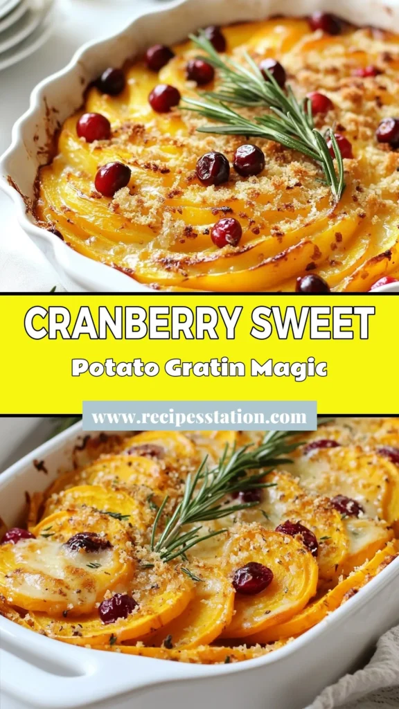 Looking for a unique Thanksgiving side dish? Try this Sweet Potato Cranberry Gratin! This cheesy sweet potato dish combines sweet potatoes and cranberries in a delicious Vegetarian Gratin Recipe. Perfect for impressing your guests at holiday gatherings. Easy to make and packed with flavor, it&rsquo;s sure to be a hit. Save this tasty Cranberry Gratin Recipe to your Pinterest boards and elevate your holiday menu! #SweetPotatoGratin #ThanksgivingSideDish #VegetarianGratinRecipe #CranberryGratinRecipe