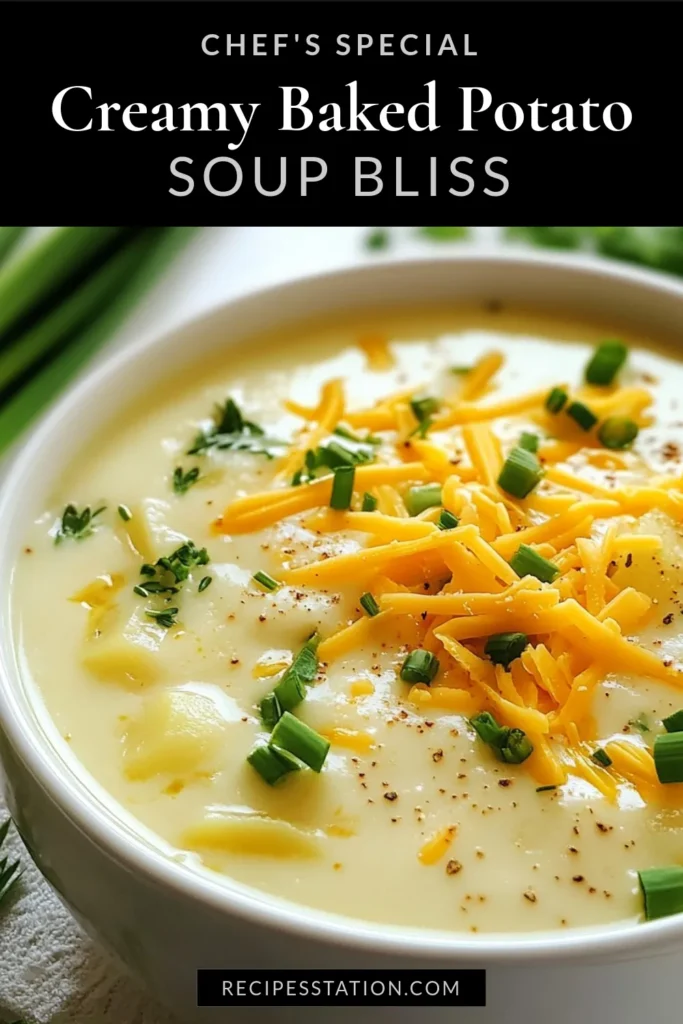 Indulge in this creamy baked potato soup that's perfect for any occasion! This loaded baked potato soup recipe combines russet potatoes, heavy cream, and cheddar cheese, creating a comforting bowl of homemade potato soup that's sure to warm you up. Plus, it's a delicious vegetarian potato soup recipe that everyone will love. Try it today and savor every spoonful. Don’t forget to save this recipe for later! #PotatoSoup #ComfortFood #SoupRecipes #VegetarianRecipes