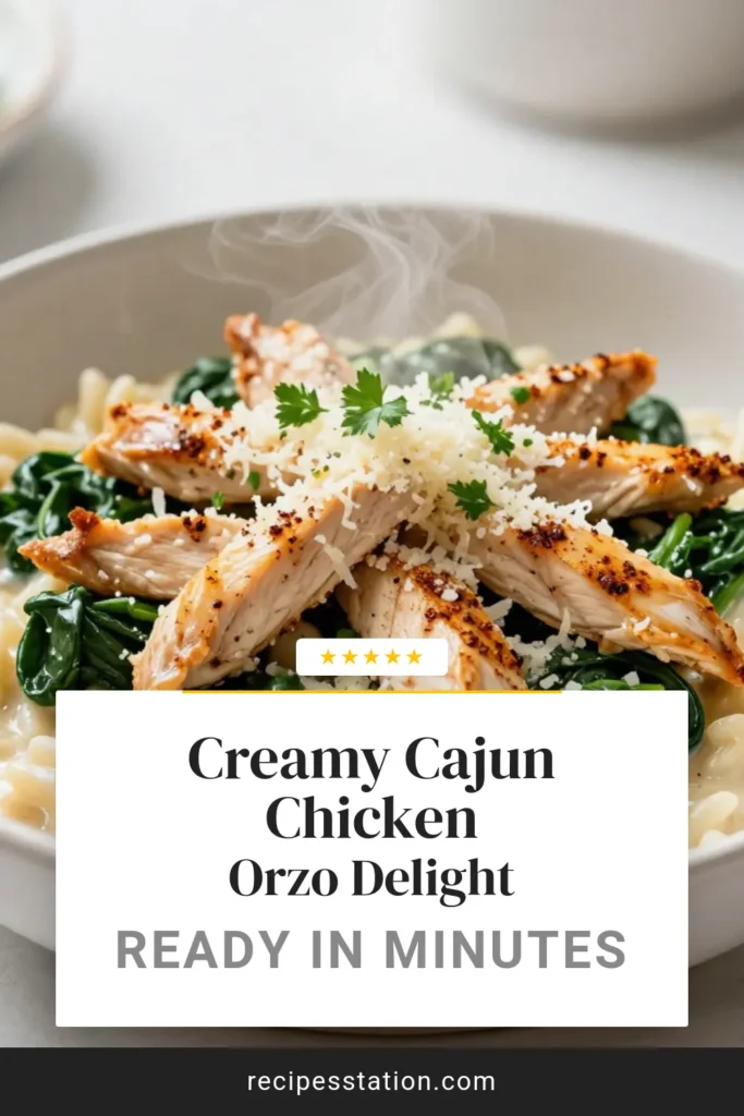 Indulge in this flavorful Cajun Chicken Alfredo Orzo! This creamy Cajun chicken dish combines tender chicken and spinach with rich Parmesan and orzo pasta for an easy Cajun dinner recipe perfect for any weeknight meal. Ready in just 30 minutes, this Chicken Alfredo with Spinach will please the whole family. Save this Orzo Pasta Recipe for your next dinner! #CajunChickenAlfredo #OrzoRecipe #EasyCajunDinner #ChickenAlfredo