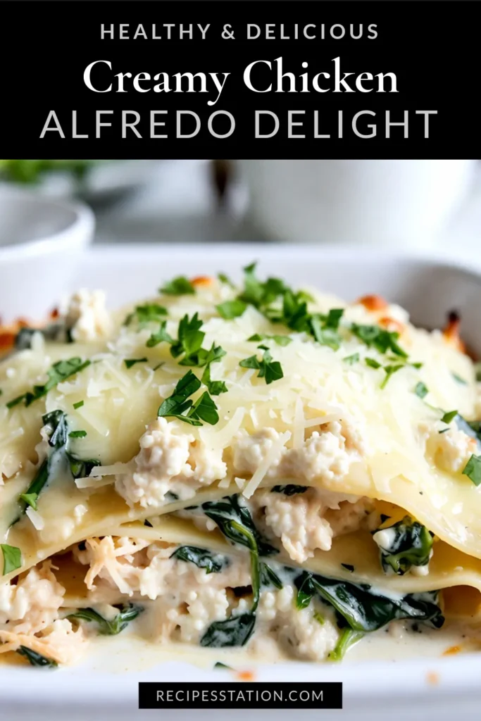Indulge in this Creamy Chicken Alfredo Lasagna, a delightful twist on traditional lasagna! Our Chicken Alfredo Lasagna recipe combines layers of cheesy goodness with easy-to-follow steps, perfect for weeknight dinners. Make this cheesy lasagna with chicken that&rsquo;s sure to impress your family and friends, all from the comfort of your kitchen. Try this homemade Alfredo lasagna today and elevate your meal game! Save this recipe for later! #ChickenAlfredo #LasagnaRecipes #EasyDinner #ComfortFood
