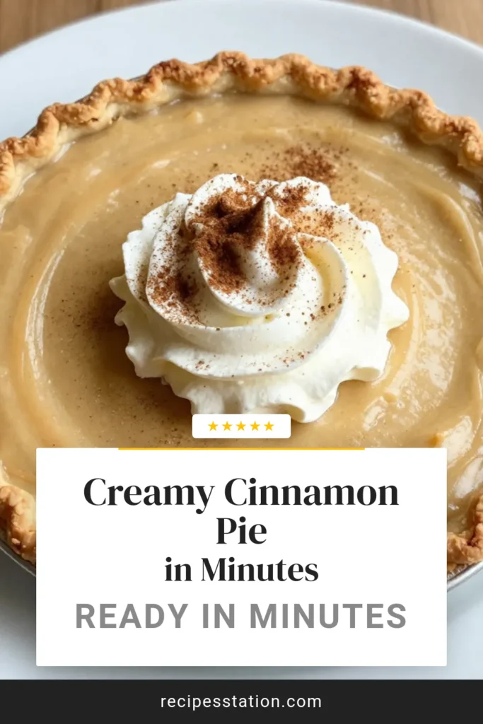 Indulge in this delightful Creamy Cinnamon Pie recipe that's perfect for any occasion! This easy cinnamon pie features a silky custard filling infused with nutmeg and topped with fluffy whipped cream. Enjoy a homemade pie with whipped cream that&rsquo;s a no-bake cinnamon dessert dream. It&rsquo;s simple to make and sure to impress! Save the recipe for your next gathering! #CinnamonPie #NoBakeDessert #HomemadePie #DessertRecipes