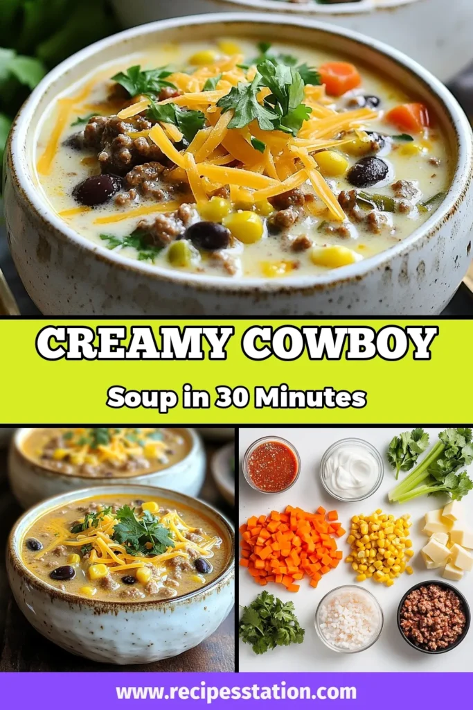 Looking for a cozy meal? Try this creamy cowboy soup that's perfect for any chilly night! This delicious ground beef soup recipe combines tender vegetables, hearty black beans, and sweet corn for ultimate comfort. With easy soup recipes like this one, you&rsquo;ll impress everyone at the dinner table. Don't forget, it&rsquo;s topped with creamy cheddar and fresh cilantro for an extra kick. Save this creamy cowboy soup recipe for your next family dinner! #ComfortFood #SoupRecipes #CowboySoup #GroundBeefRecipes