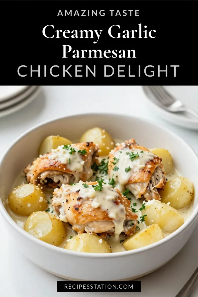 Discover the ultimate comfort food with this Crockpot Garlic Parmesan Chicken and Potatoes recipe! Enjoy tender Garlic Parmesan Chicken Thighs nestled with creamy baby potatoes, creating a delightful Slow Cooker Chicken and Potatoes dish. Perfect for an easy weeknight dinner, this Creamy Chicken Potato Recipe is a crowd-pleaser. Try this Easy Crockpot Dinner Recipe today and simplify your mealtime! Save and share! #CrockpotChicken #EasyDinner #SlowCookerRecipes #GarlicParmesanChicken