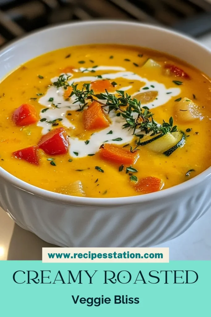 Looking for a comforting meal? Try this creamy roasted vegetable soup, a delicious vegetarian soup recipe loaded with flavor. This homemade soup with cream features roasted carrots, zucchini, and bell peppers for a healthy vegetable soup dish perfect for any occasion. It's easy to make and full of nutrients! Click to discover the full roasted vegetable soup recipe and enjoy a bowl of warmth today! #CreamySoup #VegetarianRecipes #HealthyEating #SoupLovers