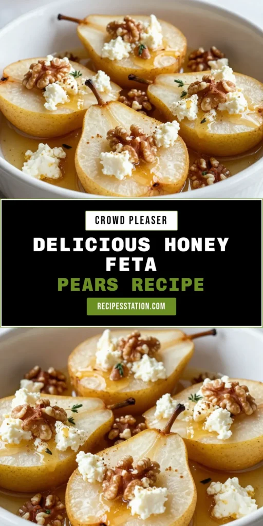 Indulge in these delicious honey baked pears topped with creamy feta cheese for a perfect baked pear dessert. This easy recipe combines sweet and savory flavors, ideal for healthy pear desserts. Enjoy this fabulous feta cheese recipe as a delightful treat or a gourmet snack. Transform your table with this unique pear and walnut recipe. Try it today for a satisfying, tasty experience! #HoneyBakedPears #HealthyDesserts #FetaCheeseRecipes #BakedPearDessert