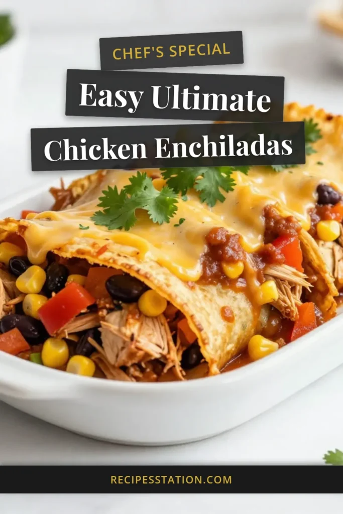 Looking for an easy chicken enchiladas recipe? Try these cheesy chicken enchiladas that are sure to impress! Packed with shredded chicken, black beans, corn, and topped with a homemade enchilada sauce, they make a fantastic Mexican chicken dinner. Perfect for family weeknight meals or gatherings! Get the full recipe now and create a delicious treat your loved ones will adore. Save this for later! #ChickenEnchiladas #EasyDinner #MexicanCuisine #RecipeIdeas