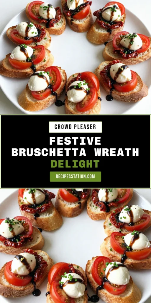 Add a touch of festive flair to your holiday gatherings with this easy Christmas bruschetta recipe! Perfect as a centerpiece, the bruschetta wreath presentation will wow your guests, making it one of the best festive appetizer ideas and holiday party snacks around. Enjoy the delicious blend of cherry tomatoes, mozzarella, and herbs. Don't miss out on this must-try recipe! Save for your next celebration! #ChristmasAppetizer #BruschettaWreath #HolidaySnacks #FestiveRecipes