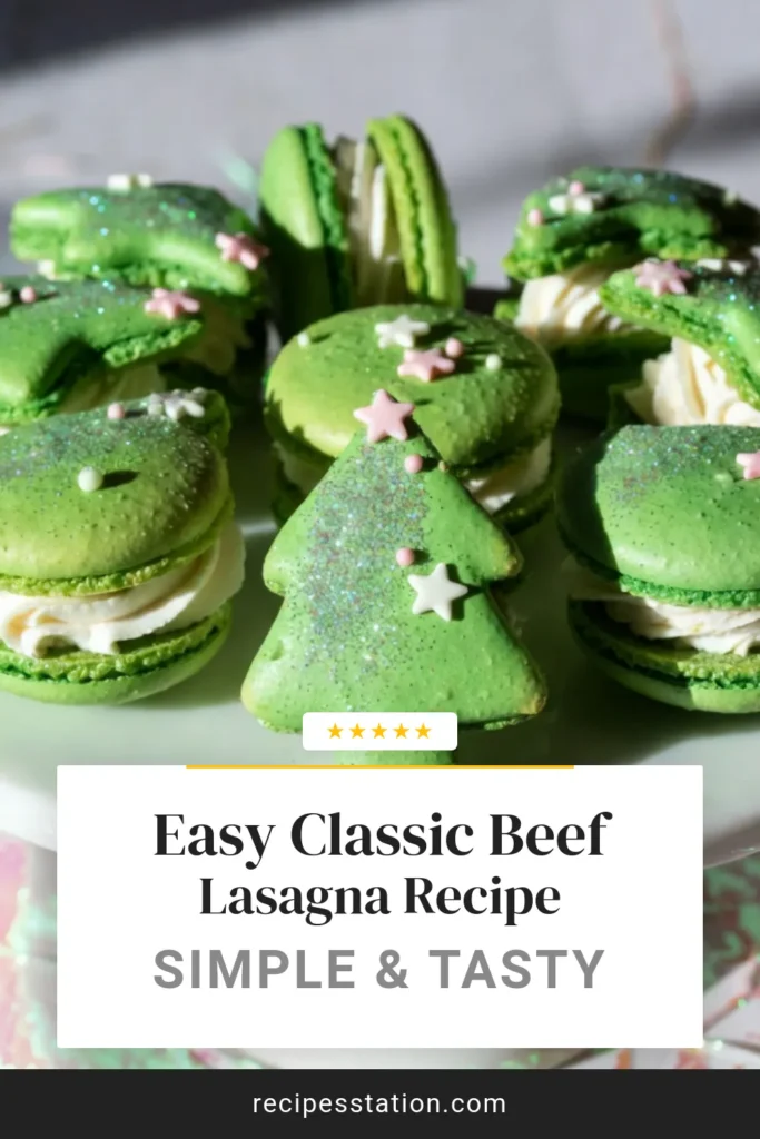 Get ready to impress this holiday season with these delightful Christmas Tree Macarons! This Holiday Macaron Recipe features a mint buttercream filling that adds a refreshing twist. Perfect for festive dessert ideas, these edible glitter macarons will be the star of your celebrations. Bake a batch and spread holiday cheer! Don&rsquo;t forget to pin for later! #ChristmasTreeMacarons #HolidayMacaronRecipe #FestiveDessertIdeas #EdibleGlitterMacarons