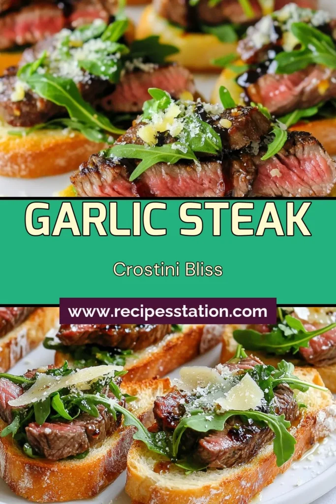 Looking for a delicious and easy crostini appetizer? Try this Garlic Steak Crostini recipe! With tender flank steak, garlic butter crostini, and a crisp toasted baguette, it's perfect for any gathering. Impress your guests with these garlic steak bites topped with arugula and Parmesan cheese. Ready in just 35 minutes, they're sure to be a hit! Save this tasty recipe for your next party! #crostini #appetizers #recipe #steak