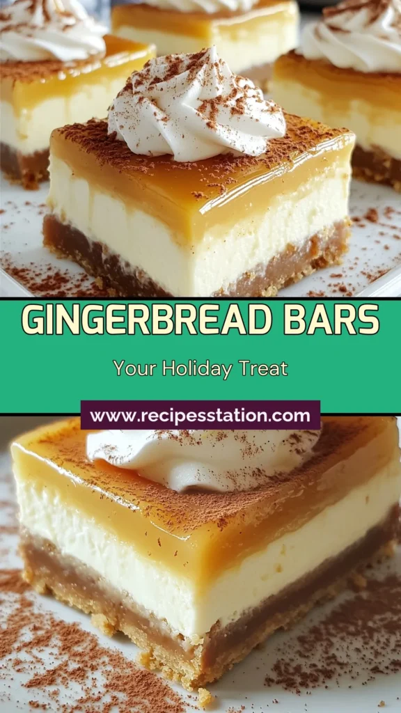 Indulge in the festive goodness of Gingerbread Cheesecake Bars! Perfect for holiday dessert recipes, these easy cheesecake bars combine spiced gingerbread with creamy cheesecake for a delicious treat. With simple ingredients like cream cheese and molasses, you can impress your guests with this delightful dessert. Get ready to savor the season! Save this easy recipe for your next festive gathering. #GingerbreadCheesecakeBars #HolidayDesserts #FestiveDessertIdeas #EasyCheesecakeBarsRecipe