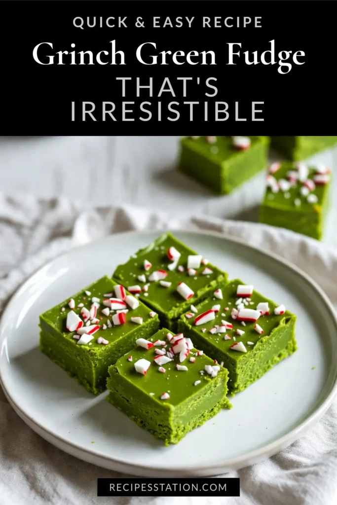 Get ready for the holidays with this delightful Grinch green fudge recipe! This easy Christmas fudge combines creamy white chocolate and refreshing peppermint, creating a festive dessert that&rsquo;s perfect for any celebration. Busy during the holidays? No worries! Our no-bake fudge recipe takes just 15 minutes to prep. Save this holiday fudge with peppermint and impress your friends and family! #GrinchGreenFudge #HolidayDessert #EasyFudge #FestiveTreats