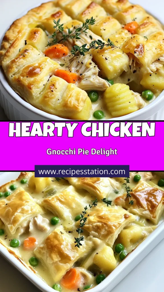 Indulge in this delicious Gnocchi Chicken Pot Pie, the perfect easy pot pie recipe for family dinners! Packed with creamy chicken gnocchi, tender veggies, and a flaky crust, this comforting chicken recipe is sure to warm your heart. Discover how to create this baked gnocchi dish seamlessly and impress everyone at the table. Ready to try it? Save this recipe for a cozy night in! #GnocchiChickenPotPie #ComfortFood #EasyRecipes #ChickenDinner