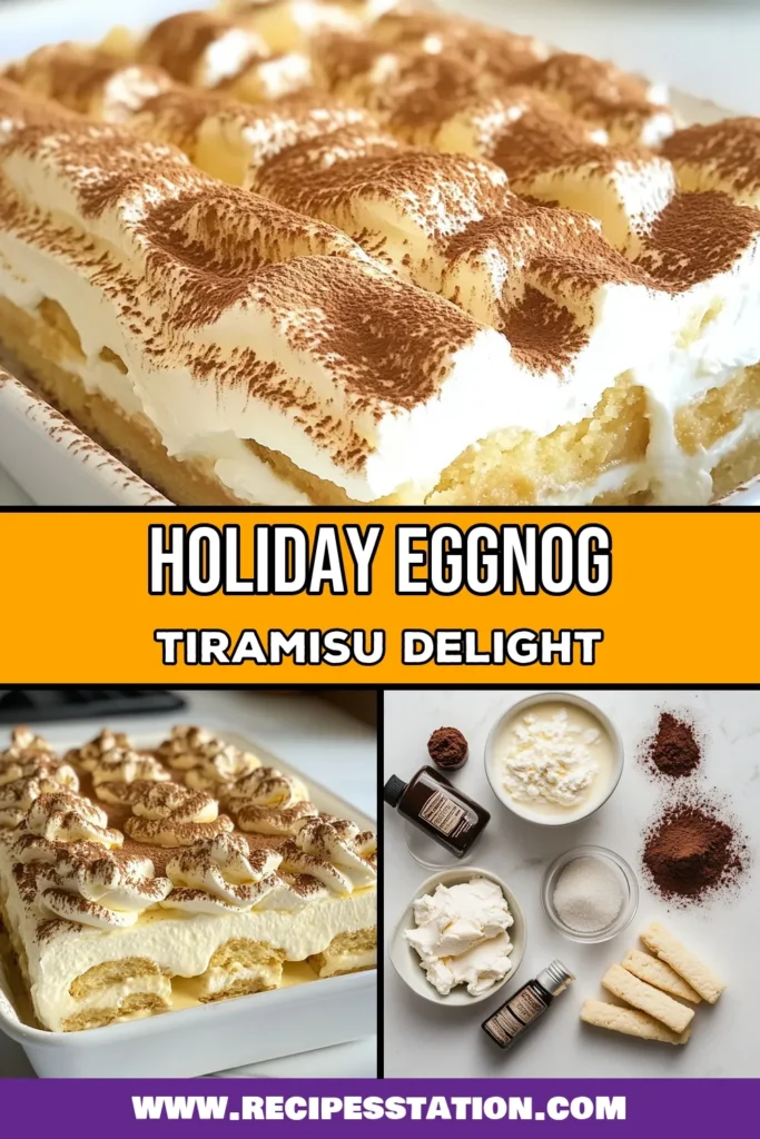 Indulge in the festive spirit with this easy eggnog tiramisu recipe that’s perfect for your holiday dessert ideas! Made with rich mascarpone cheese, creamy eggnog, and a touch of nutmeg, this delicious festive tiramisu will impress your guests and elevate your celebrations. It’s a delightful twist on traditional tiramisu that everyone will love. Save this recipe for a memorable holiday treat! #EggnogTiramisu #HolidayDessertIdeas #FestiveTiramisu #EasyEggnogDessert