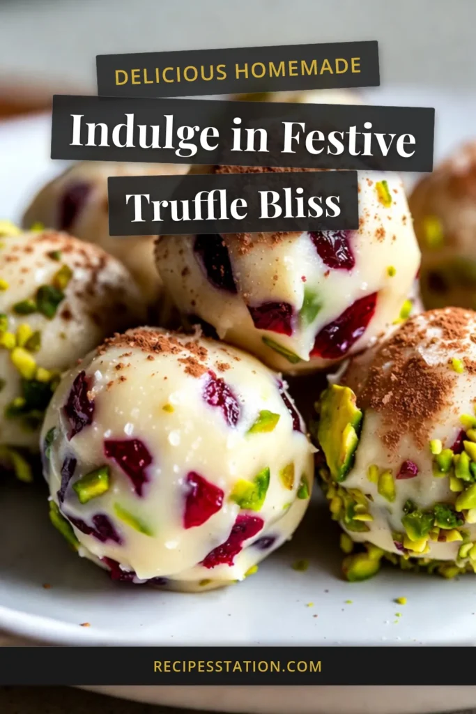 Indulge in the sweetness of the holidays with these delightful Cranberry Pistachio Truffles! This easy white chocolate truffles recipe blends white chocolate, dried cranberries, and crunchy pistachios for a festive chocolate treat everyone will love. Perfect for holiday dessert ideas, these homemade truffles are sure to impress. Get the full recipe now and elevate your dessert game! #CranberryPistachioTruffles #WhiteChocolateTrufflesRecipe #EasyHomemadeTruffles #HolidayDessertIdeas