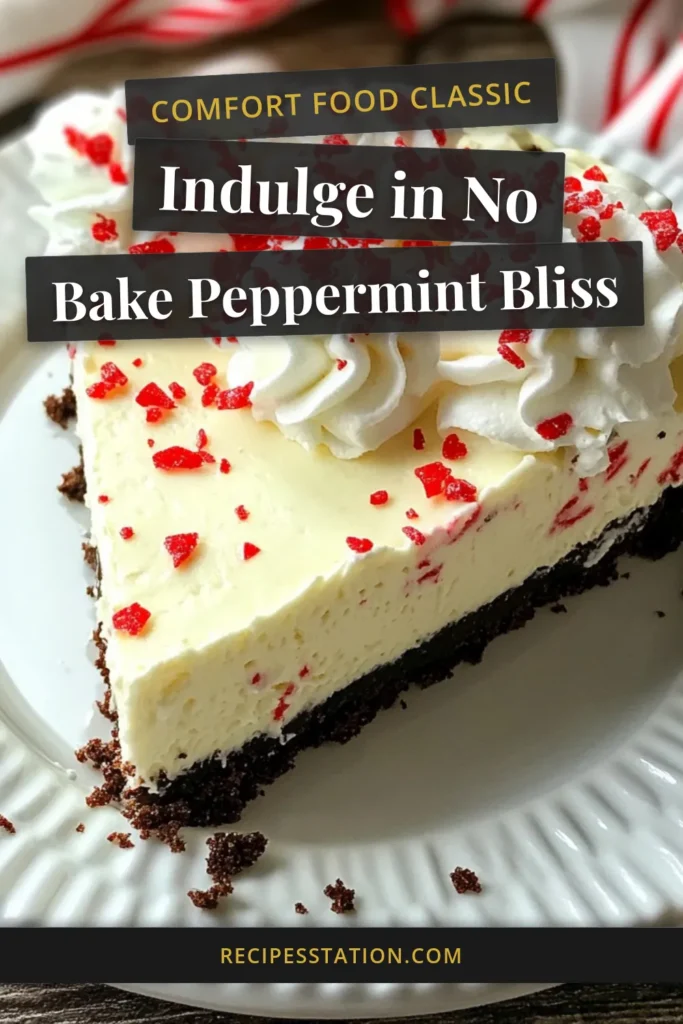 Indulge in the festive spirit with this No-Bake Peppermint Cheesecake! This easy holiday dessert combines creamy cheesecake with a chocolate cookie crust and delightful peppermint flavors. Perfect for gatherings or cozy nights in, this Peppermint Cheesecake Recipe is a must-try for all dessert lovers. Keep it simple and delicious with these no-bake desserts that impress. Save this recipe now! #NoBakeDesserts #PeppermintCheesecake #HolidayRecipes #FestiveDesserts