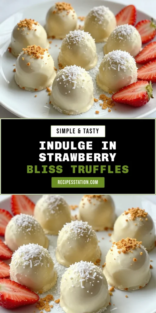 Indulge in these delightful white chocolate strawberry truffles, a perfect homemade strawberry dessert that combines the sweet richness of white chocolate with fresh strawberries. This easy chocolate truffle recipe is enhanced with decadent truffles rolled in coconut for an irresistibly tasty treat. Impress friends and family with these chocolate-covered strawberry truffles that are fun to make! Save and try this recipe today! #ChocolateTruffles #StrawberryDessert #HomemadeTreats #DessertRecipe