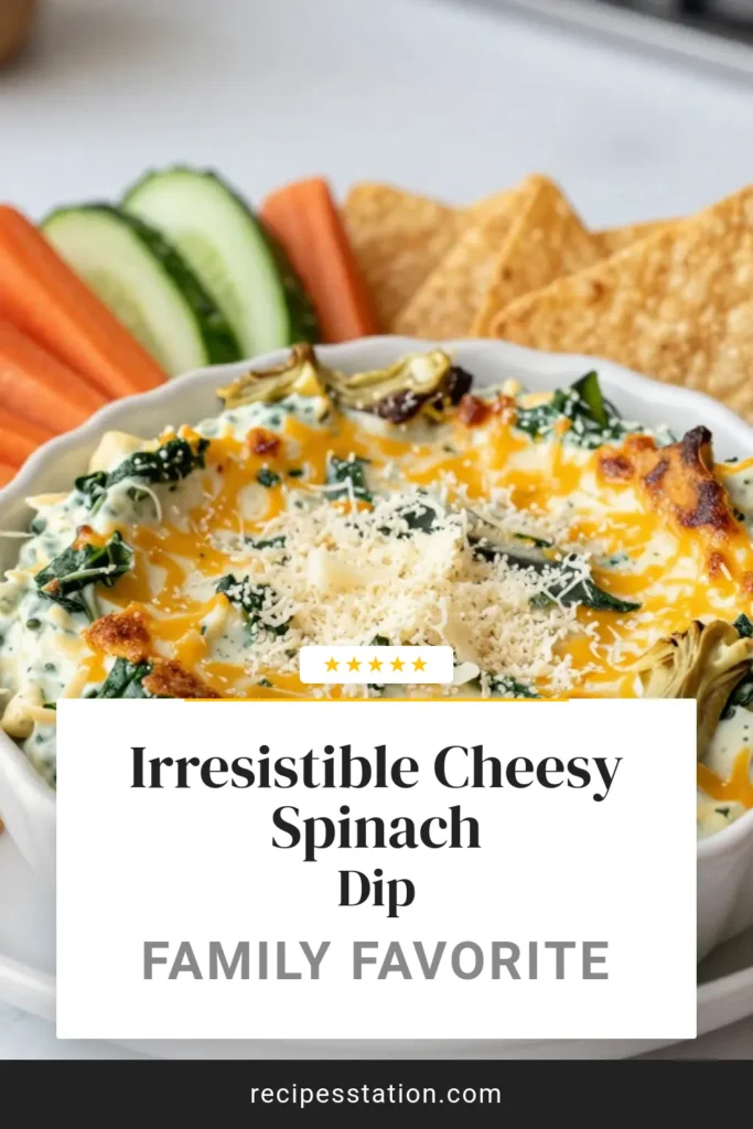 Discover the irresistible taste of this Cheesy Spinach Artichoke Dip! This creamy spinach artichoke recipe combines rich cheeses and tender artichokes for a baked spinach artichoke delight that&rsquo;s perfect for any gathering. Easy spinach dip with cheese is a must-have party appetizer spinach artichoke that will impress your guests. Get the recipe now, and make your next gathering unforgettable! #SpinachArtichokeDip #PartyAppetizer #CheesyDip #EasyRecipes