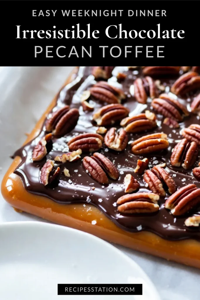 Indulge in this irresistible chocolate pecan toffee recipe that combines buttery homemade toffee with chocolate and crunchy pecans! This easy chocolate toffee is perfect for sharing or satisfying your sweet tooth. Follow our simple steps to create a decadent toffee candy recipe that everyone will love. Don't forget to save this pecan toffee dessert for your next gathering! #ChocolateToffee #PecanToffee #DessertRecipe #ToffeeCandy