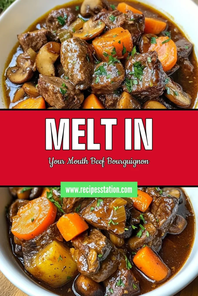 Indulge in a delicious slow-cooked beef bourguignon, the ultimate hearty beef stew recipe that warms the soul. This easy beef stew with vegetables is perfect for cozy nights, featuring tender beef and a blend of rich flavors. Discover the simplicity of this beef bourguignon slow cooker recipe that brings a taste of France to your home. Save this French beef bourguignon recipe for your next family dinner! #BeefBourguignon #SlowCookerRecipes #ComfortFood #HeartyStew