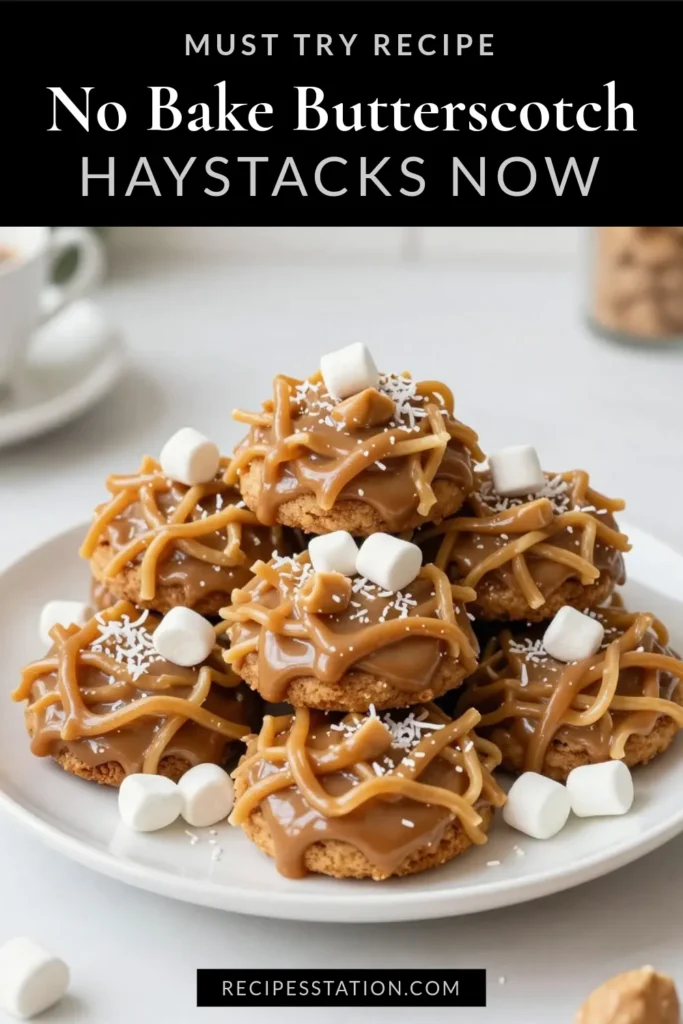 Indulge in the delightful sweetness of No-Bake Butterscotch Haystack Cookies! This easy dessert idea combines butterscotch chips, creamy peanut butter, and crunchy chow mein noodles for a chewy treat that everyone will love. Perfect for parties or snack time, this no-bake cookie recipe takes just 15 minutes to prep! Try these fun marshmallow treats today and impress your friends and family. Save and share the joy! #NoBakeCookies #ButterscotchHaystacks #EasyDesserts #CookieRecipe