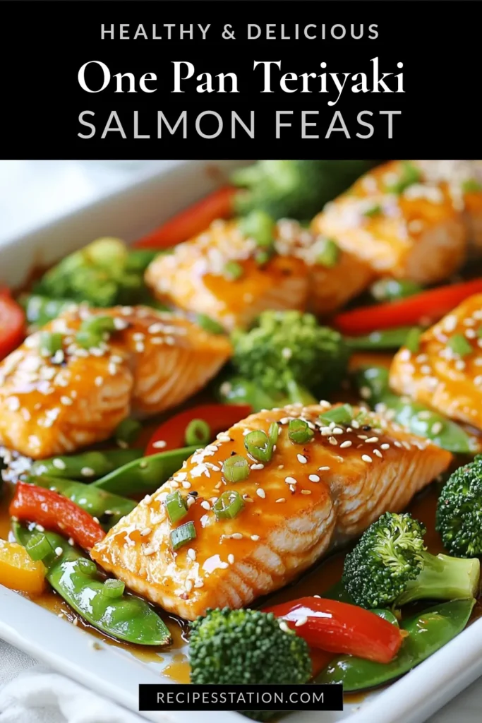 Looking for a quick dinner idea? Try this delicious teriyaki salmon recipe featuring roasted vegetables! This sheet pan dinner combines tender salmon fillets with vibrant broccoli, bell peppers, and snap peas, all drizzled with homemade teriyaki sauce. It's a healthy salmon recipe that's easy to prepare and perfect for busy weeknights. Save this sheet pan teriyaki salmon and veggies for a nutritious meal you'll love! #TeriyakiSalmon #HealthyDinner #SheetPanRecipes #QuickDinnerIdeas