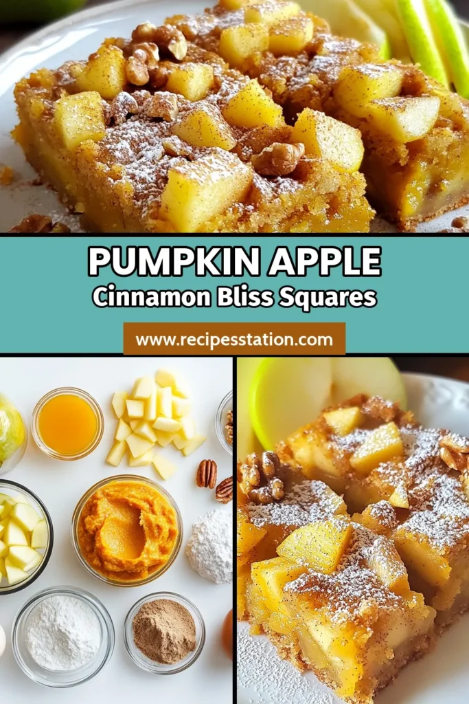 Indulge in the delicious flavors of fall with these Pumpkin Apple Cinnamon Squares! This delightful cinnamon apple dessert combines pumpkin and tart Granny Smith apples for a heavenly treat perfect for your fall baking recipes. Enjoy these pumpkin desserts with apples by baking a batch of cinnamon pumpkin bars that are sure to impress. Click to discover the recipe and make your autumn gatherings sweeter! #PumpkinAppleSquares #CinnamonAppleDessert #FallBakingRecipes #PumpkinDessertsWithApples