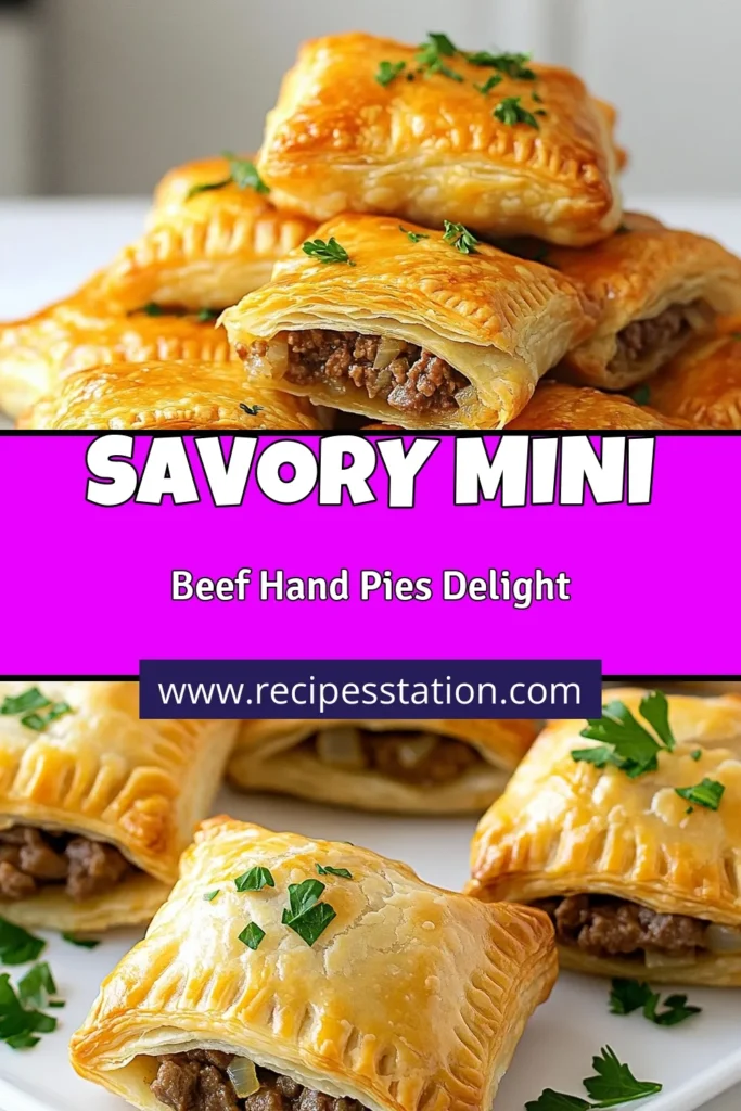 Indulge in these delicious mini beef and onion hand pies, perfect as savory snacks for any occasion! These easy beef snacks use pre-made puff pastry for a quick and satisfying treat. Filled with flavorful ground beef, onion, and spices, these beef and onion pastries are sure to please. Bake a batch today and enjoy warm goodness! Don't forget to save this recipe for your next gathering! #MiniBeefHandPies #SavoryHandPies #PuffPastryRecipes #EasyBeefSnacks