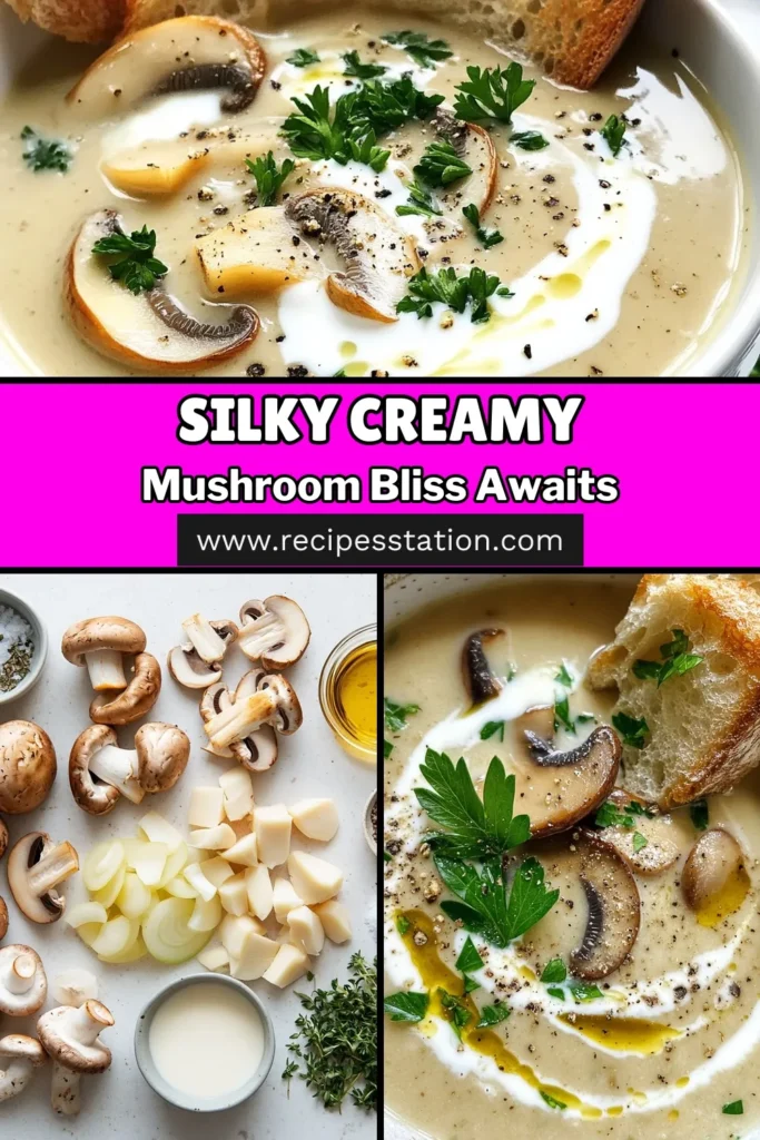 Indulge in a bowl of silky creamy mushroom soup with this easy mushroom soup recipe! Perfectly seasoned and made with fresh mixed mushrooms, this vegetarian mushroom soup is both comforting and delicious. Plus, you can easily make it dairy-free by using coconut cream. Ready in just 40 minutes, it's a great warm dish for any day. Try this silky mushroom soup today and savor every bite! Save and share! #MushroomSoup #VegetarianRecipes #DairyFree #SoupSeason