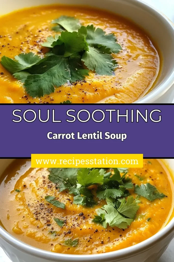Warm up with this delicious carrot lentil soup recipe that's not only a healthy lentil soup but also perfect for vegetarians. This quick soup recipe combines tender carrots and red lentils for a hearty meal you'll love. Ideal for weeknight dinners, this soup is packed with flavor and nutrients. Don&rsquo;t miss out on this flavorful vegetarian soup recipe&mdash;save this for your next cooking adventure! #CarrotLentilSoup #HealthySoup #VegetarianRecipes #QuickRecipes