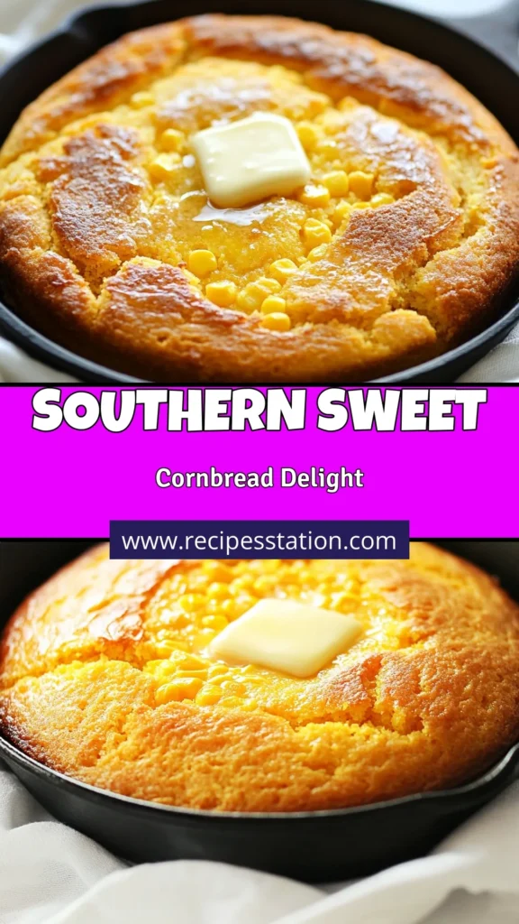 Looking for a delicious Southern cornbread recipe? Try this sweet cornbread with corn kernels that's simple to make! Perfect for easy cornbread baking, this homemade buttermilk cornbread recipe ensures a moist, fluffy texture in just 35 minutes. Enjoy it warm as a side or snack. Save this recipe for later and impress your family with your baking skills! #SouthernCornbread #ButtermilkCornbread #CornbreadRecipe #EasyBaking
