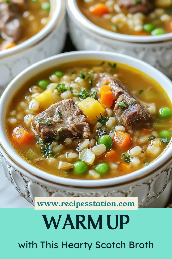Discover the ultimate Scotch broth recipe for a hearty lamb stew that's the definition of Scottish comfort food. This traditional broth recipe combines tender lamb, pearl barley soup, and a medley of vegetables for a satisfying dish. Perfect for cozy evenings, this Scotch broth is easy to prepare and packed with flavor. Try it today and enjoy a warm bowl of pure comfort. Save this recipe for later! #ScotchBroth #HeartyStew #ScottishFood #ComfortFoodRecipes